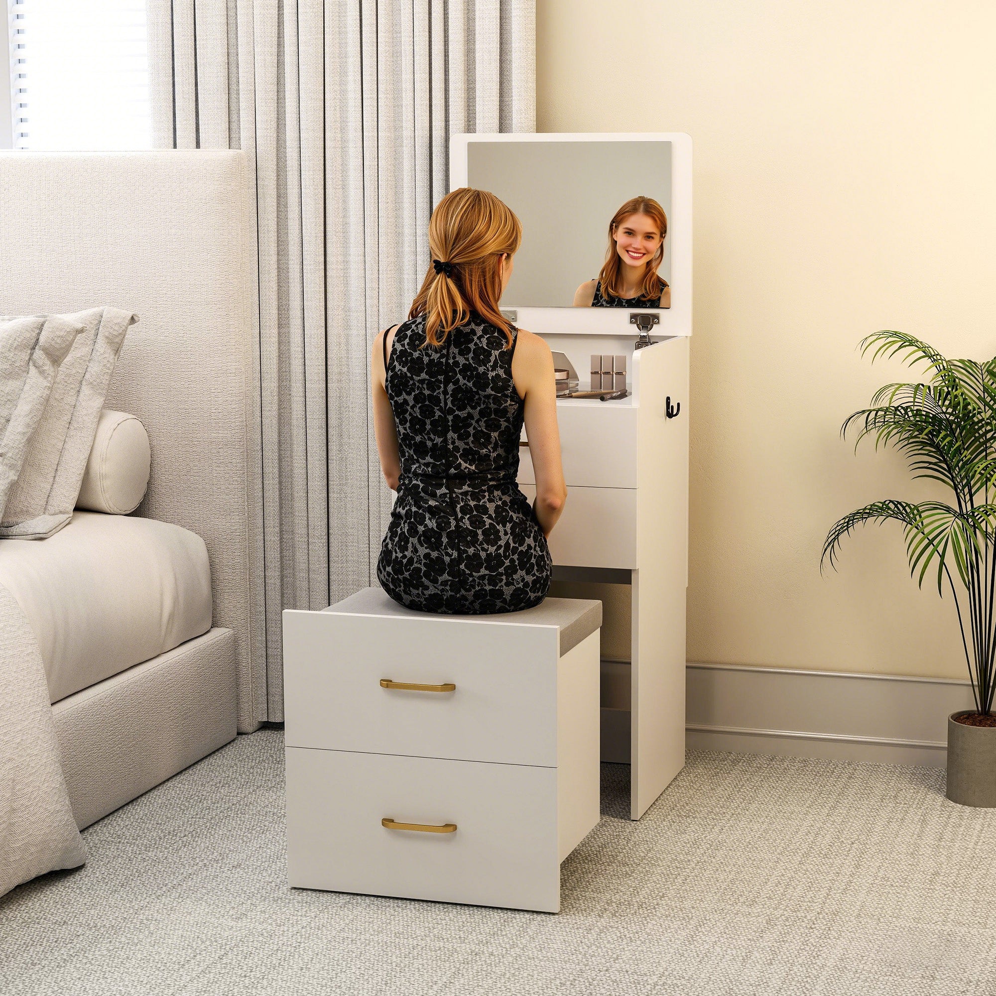 Coiffeuse avec miroir et tabouret 3 en 1, table de maquillage avec 3 tiroirs, plateau en verre visible, coussin rembourré et roulettes, bureau coiffeuse, 48 x 40 x 90 cm, blanc - Image 10