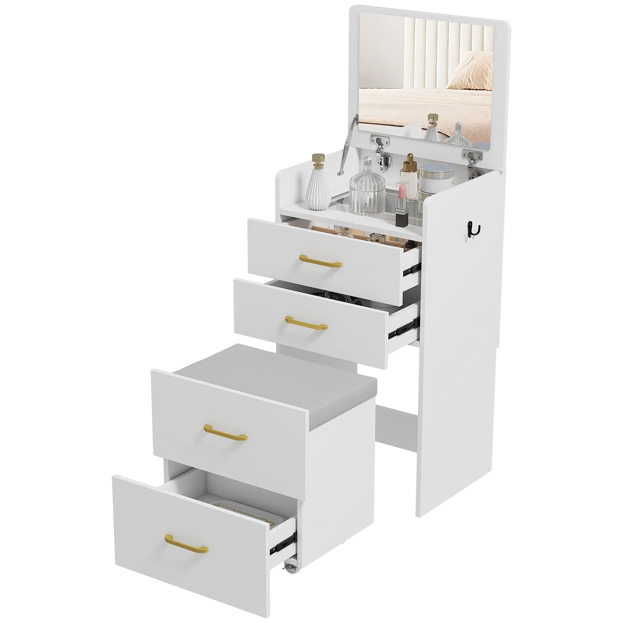 Coiffeuse avec miroir et tabouret 3 en 1, table de maquillage avec 3 tiroirs, plateau en verre visible, coussin rembourré et roulettes, bureau coiffeuse, 48 x 40 x 90 cm, blanc - Image 11