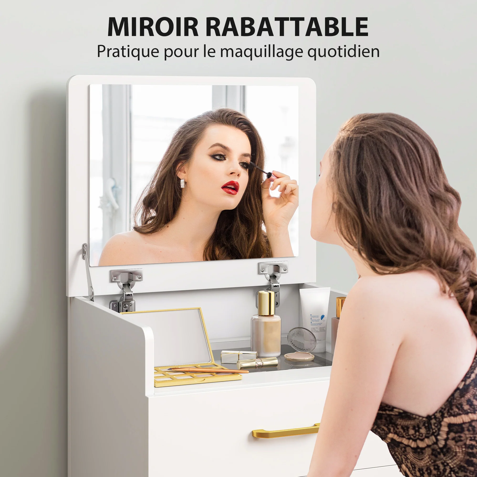 Coiffeuse avec miroir et tabouret 3 en 1, table de maquillage avec 3 tiroirs, plateau en verre visible, coussin rembourré et roulettes, bureau coiffeuse, 48 x 40 x 90 cm, blanc - Image 5