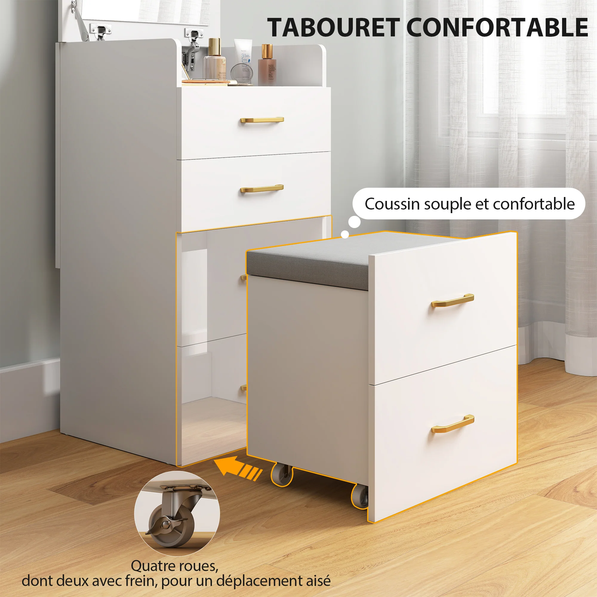 Coiffeuse avec miroir et tabouret 3 en 1, table de maquillage avec 3 tiroirs, plateau en verre visible, coussin rembourré et roulettes, bureau coiffeuse, 48 x 40 x 90 cm, blanc - Image 6