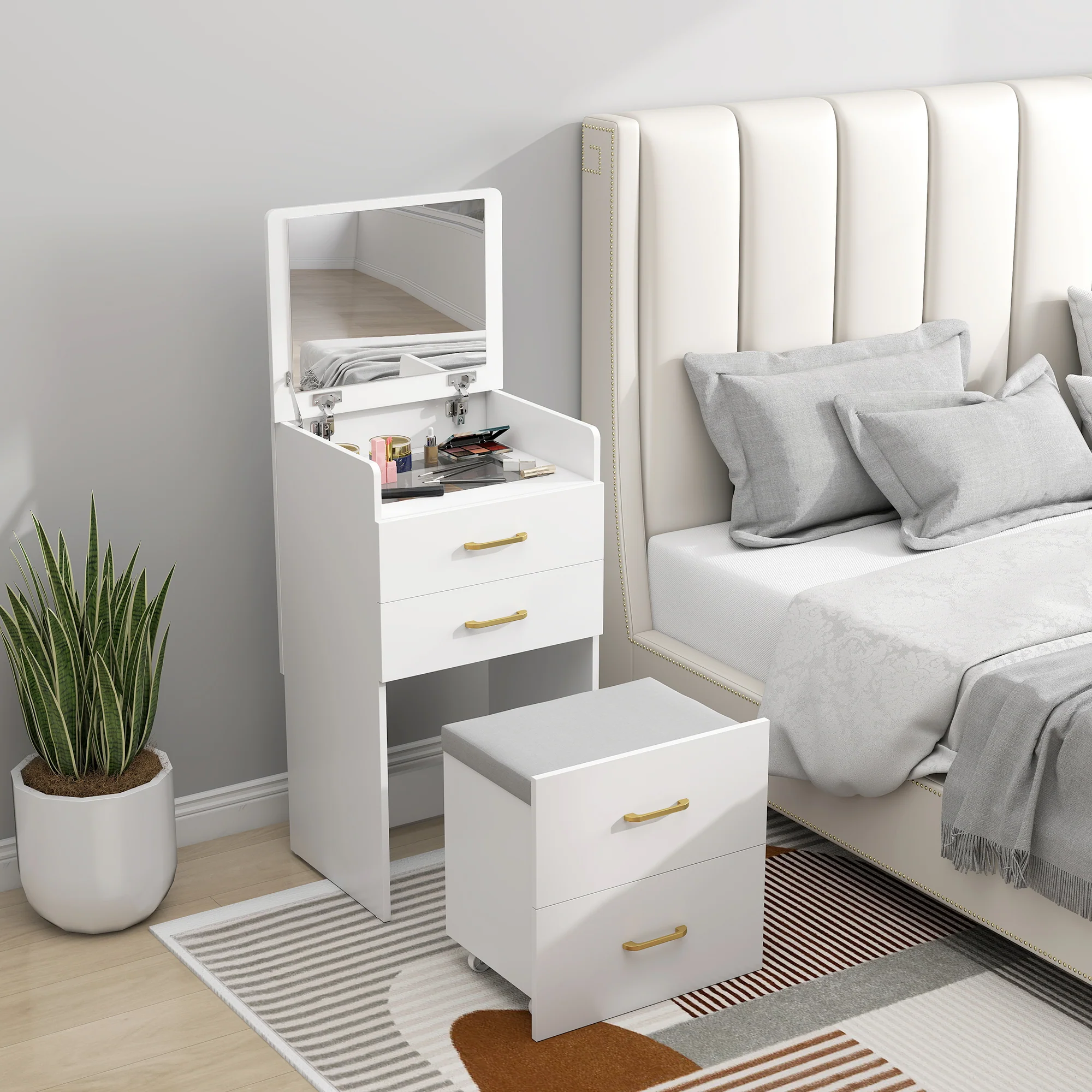 Coiffeuse avec miroir et tabouret 3 en 1, table de maquillage avec 3 tiroirs, plateau en verre visible, coussin rembourré et roulettes, bureau coiffeuse, 48 x 40 x 90 cm, blanc - Image 9