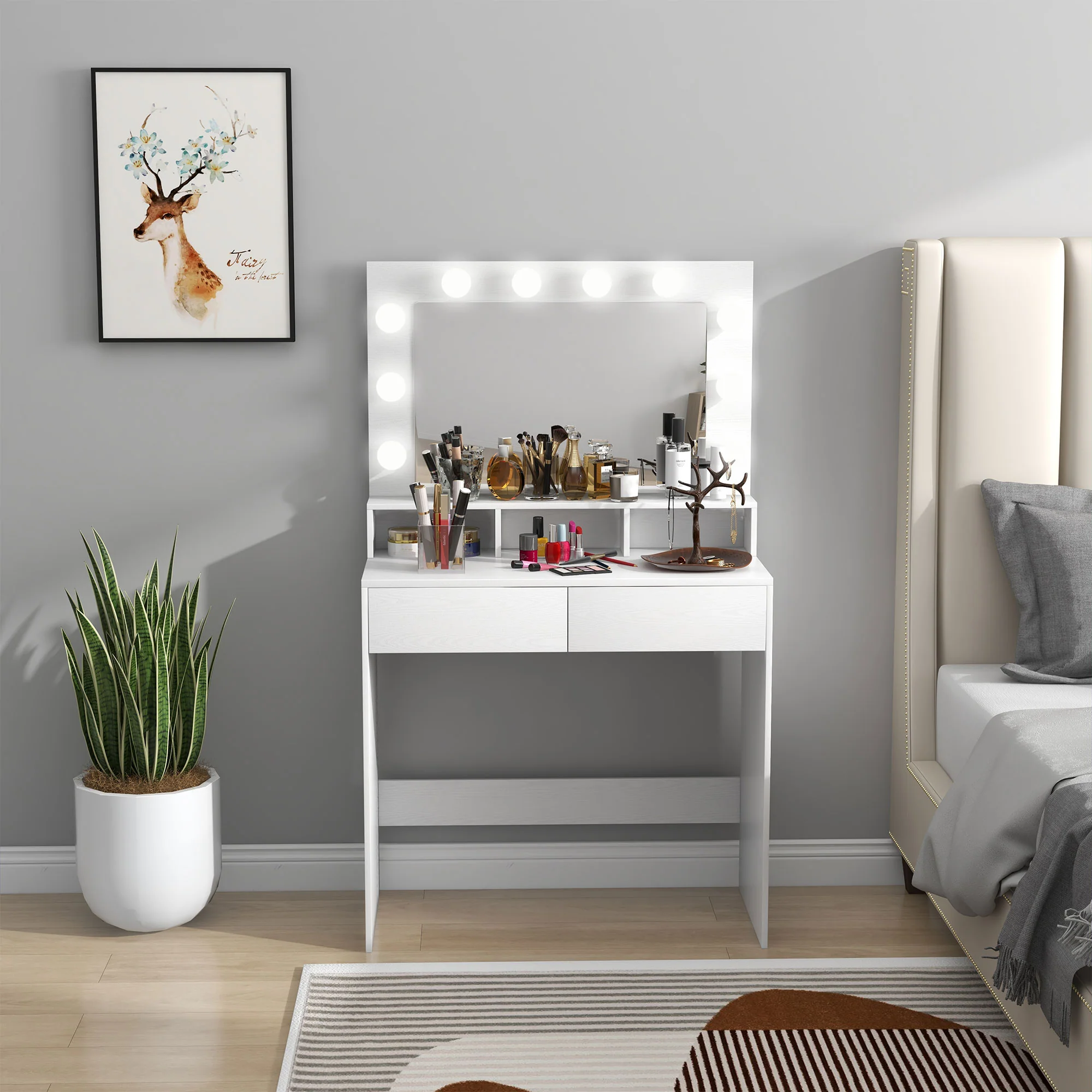 Coiffeuse avec miroir Hollywood, table de maquillage avec tiroirs, 3 modes d'éclairage, 10 ampoules, coiffeuse moderne pour chambre à coucher, salon, 80 x 40 x 135 cm, blanc - Image 3