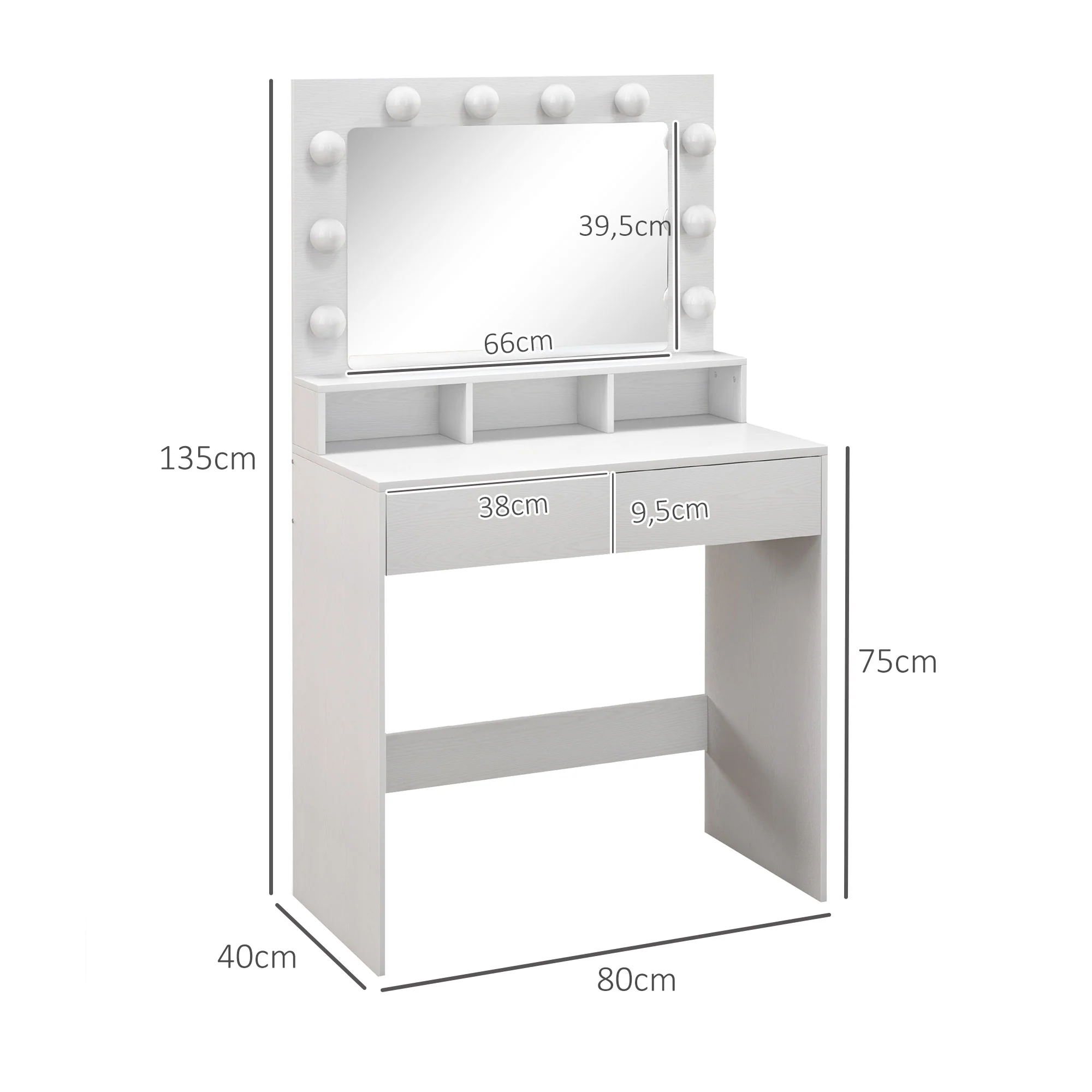Coiffeuse avec miroir Hollywood, table de maquillage avec tiroirs, 3 modes d'éclairage, 10 ampoules, coiffeuse moderne pour chambre à coucher, salon, 80 x 40 x 135 cm, blanc - Image 4
