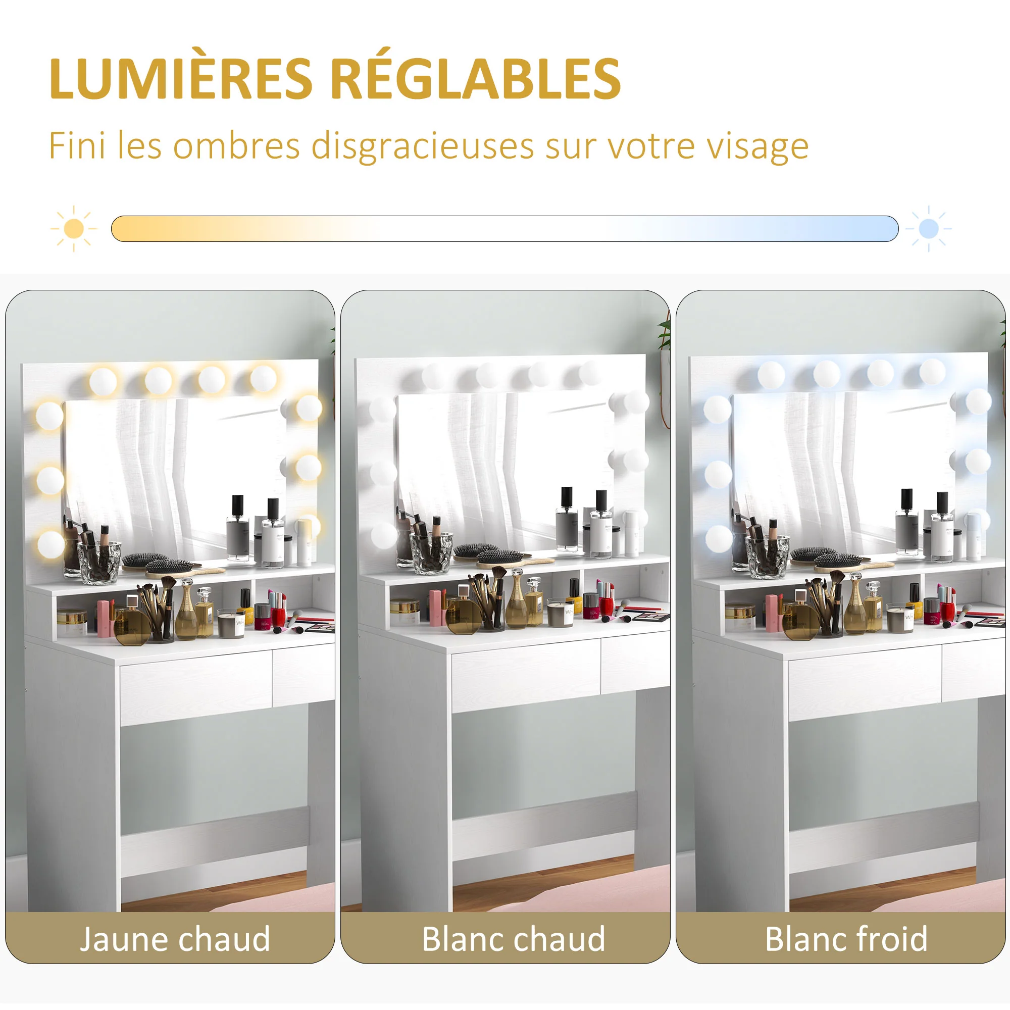 Coiffeuse avec miroir Hollywood, table de maquillage avec tiroirs, 3 modes d'éclairage, 10 ampoules, coiffeuse moderne pour chambre à coucher, salon, 80 x 40 x 135 cm, blanc - Image 5