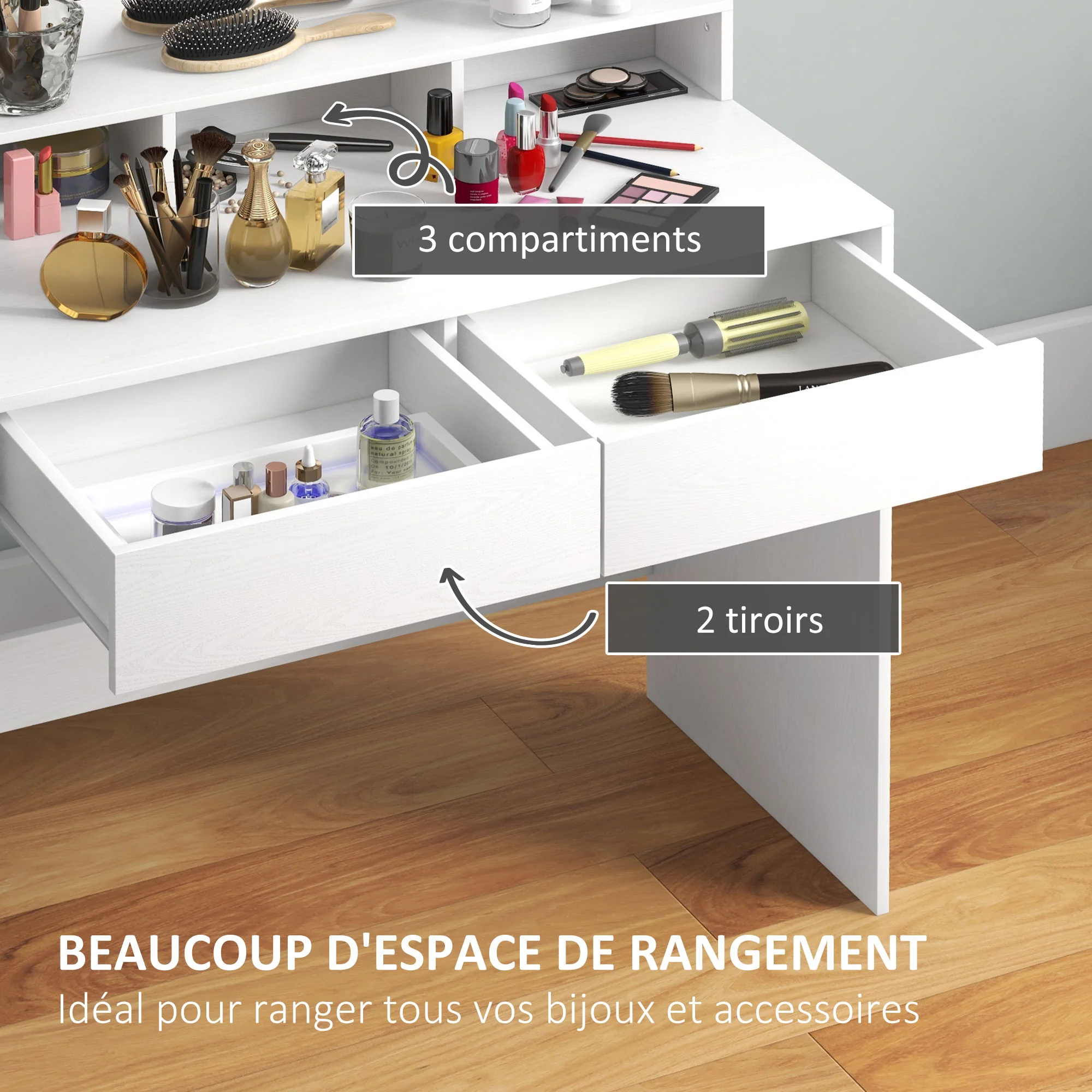Coiffeuse avec miroir Hollywood, table de maquillage avec tiroirs, 3 modes d'éclairage, 10 ampoules, coiffeuse moderne pour chambre à coucher, salon, 80 x 40 x 135 cm, blanc - Image 6