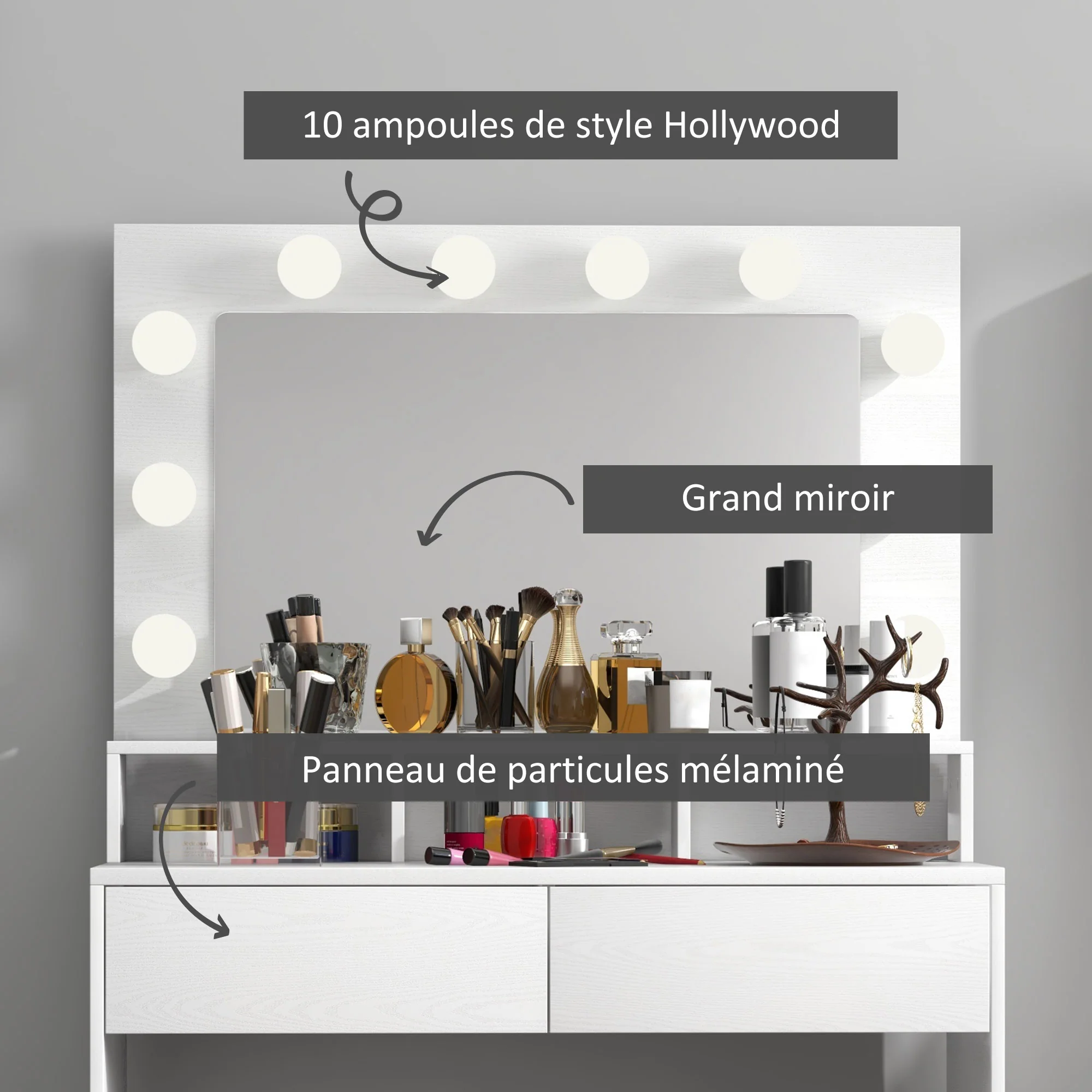 Coiffeuse avec miroir Hollywood, table de maquillage avec tiroirs, 3 modes d'éclairage, 10 ampoules, coiffeuse moderne pour chambre à coucher, salon, 80 x 40 x 135 cm, blanc - Image 7