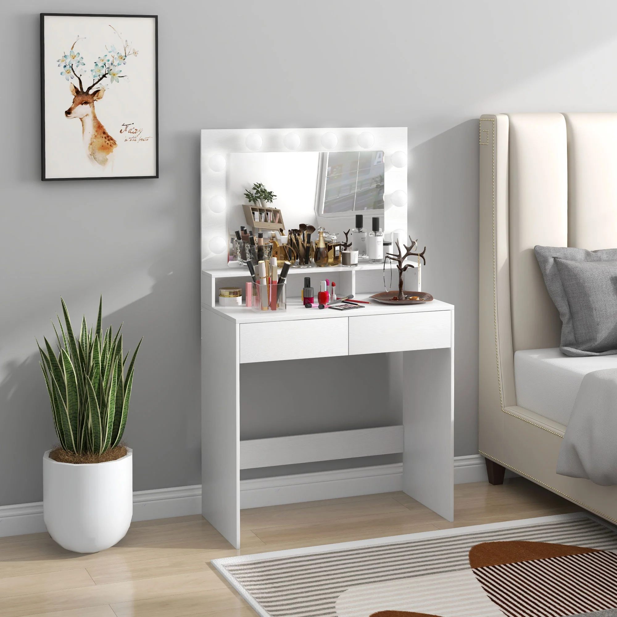 Coiffeuse avec miroir Hollywood, table de maquillage avec tiroirs, 3 modes d'éclairage, 10 ampoules, coiffeuse moderne pour chambre à coucher, salon, 80 x 40 x 135 cm, blanc - Image 8