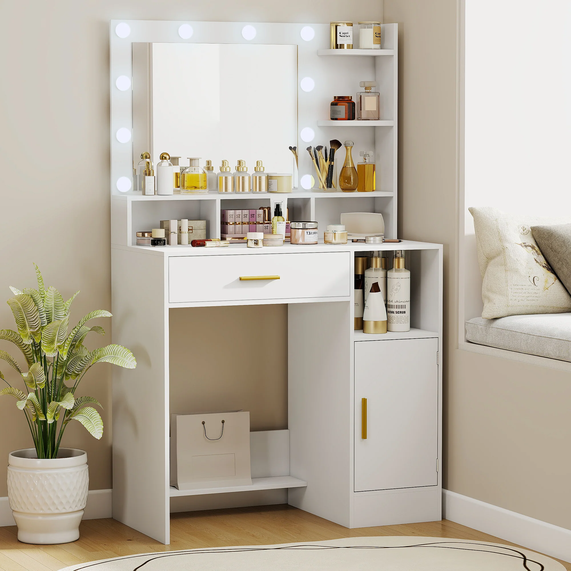 Coiffeuse avec miroir LED, table de maquillage moderne avec 10 lumières LED à 3 couleurs réglables, grand miroir, tiroir, placard et étagères ouvertes, pour chambre à coucher, blanc - Image 3
