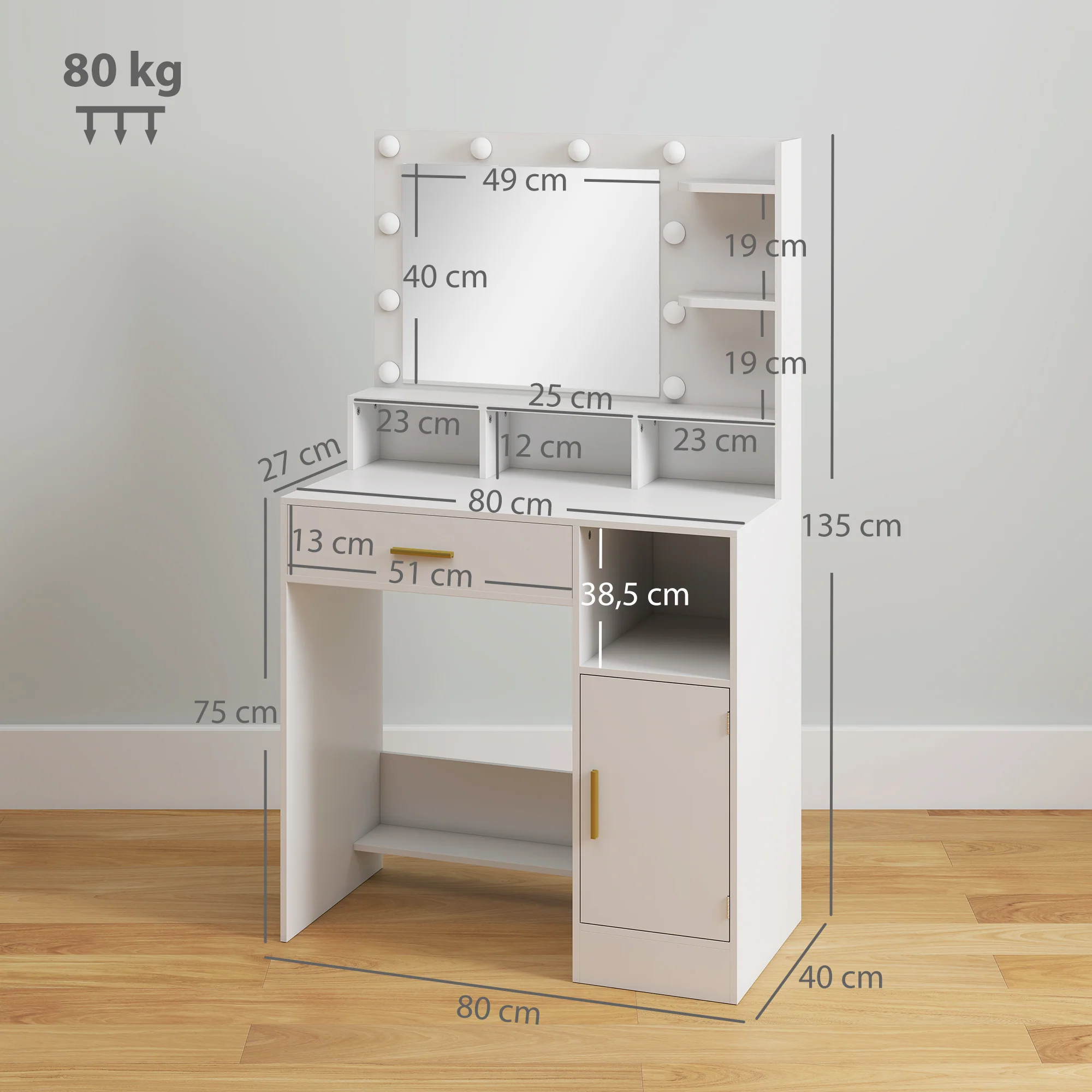 Coiffeuse avec miroir LED, table de maquillage moderne avec 10 lumières LED à 3 couleurs réglables, grand miroir, tiroir, placard et étagères ouvertes, pour chambre à coucher, blanc - Image 4