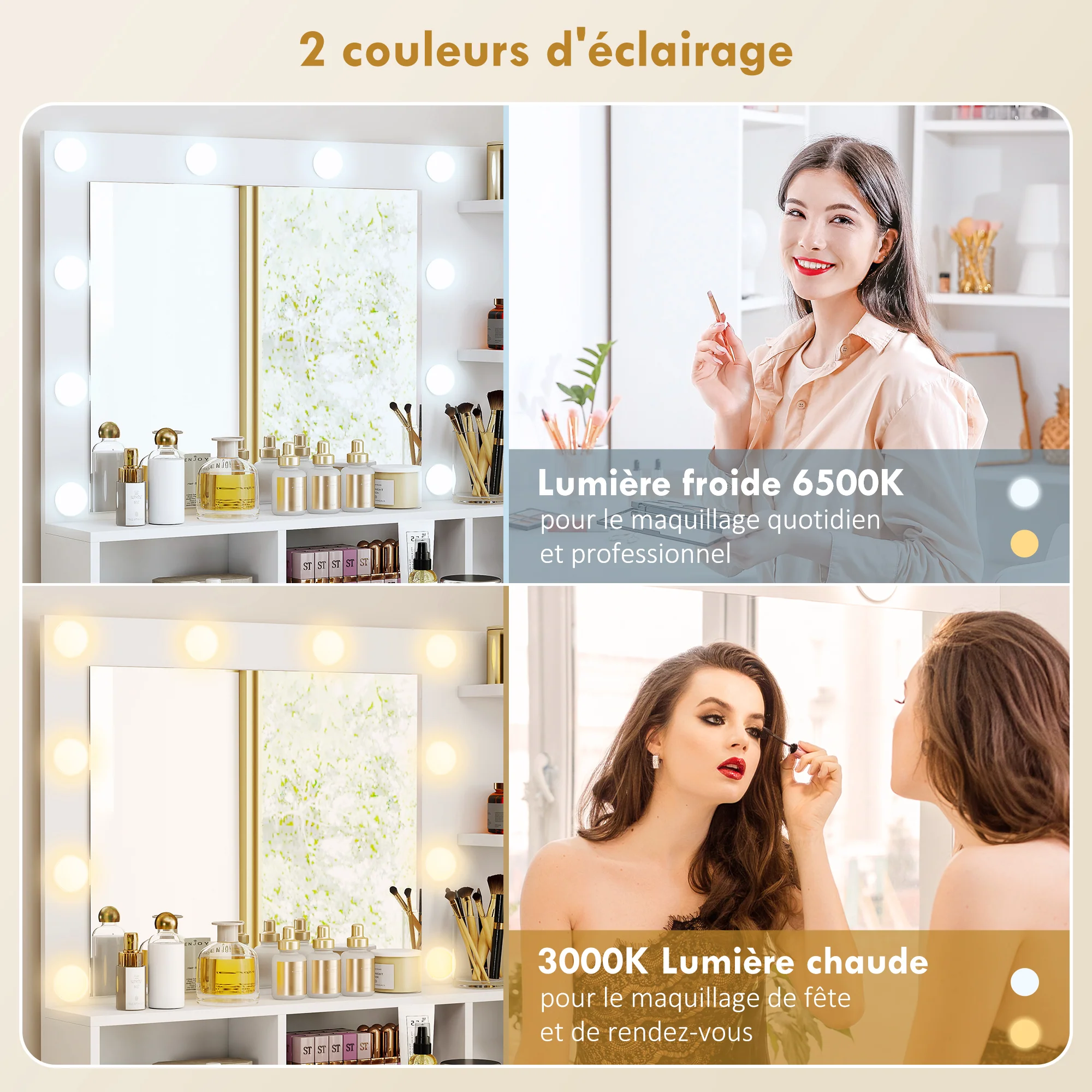 Coiffeuse avec miroir LED, table de maquillage moderne avec 10 lumières LED à 3 couleurs réglables, grand miroir, tiroir, placard et étagères ouvertes, pour chambre à coucher, blanc - Image 5