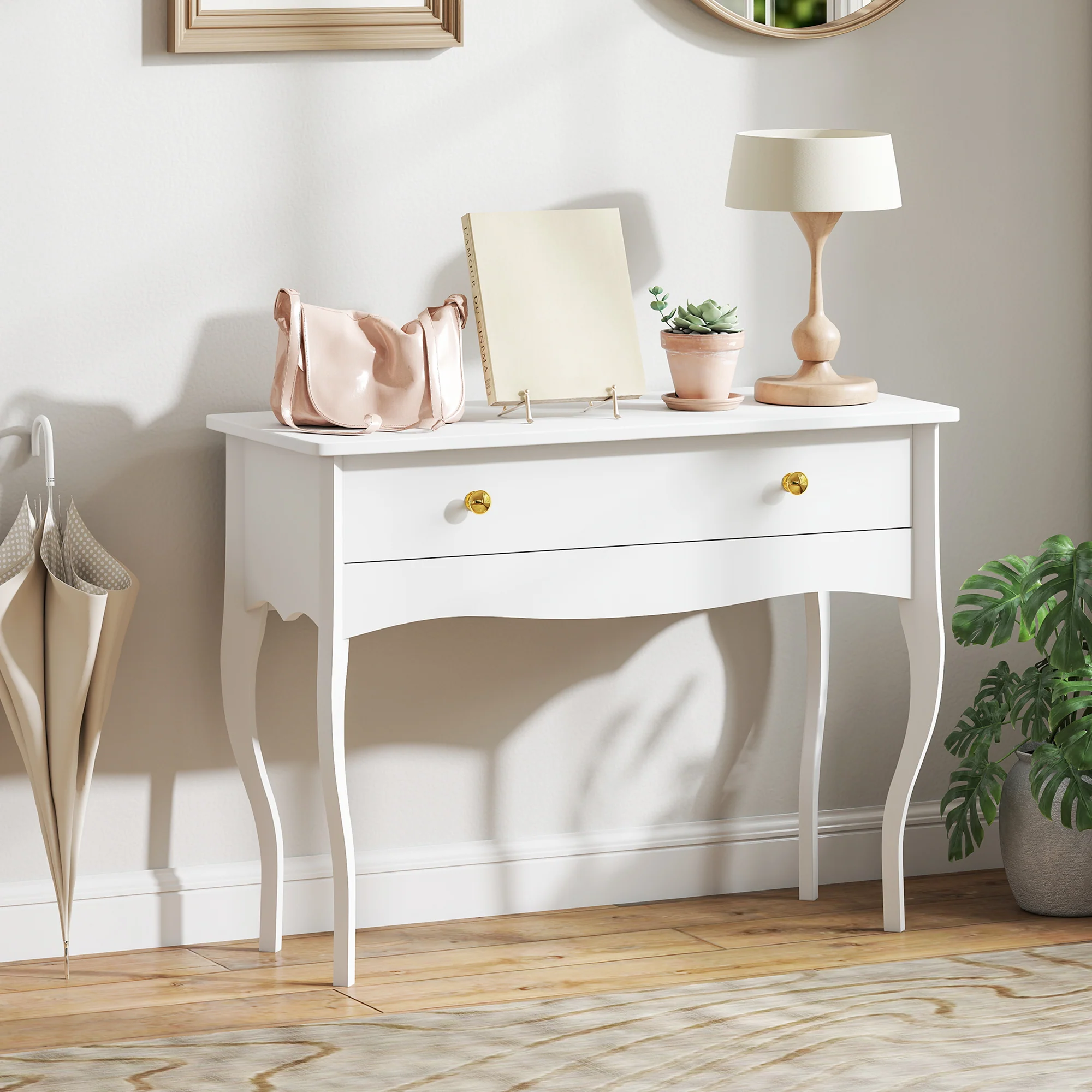 Coiffeuse, table de maquillage avec grand tiroir et pieds cabriole, bureau coiffeuse pour chambre à coucher, 100 x 40 x 74 cm, blanc - Image 3