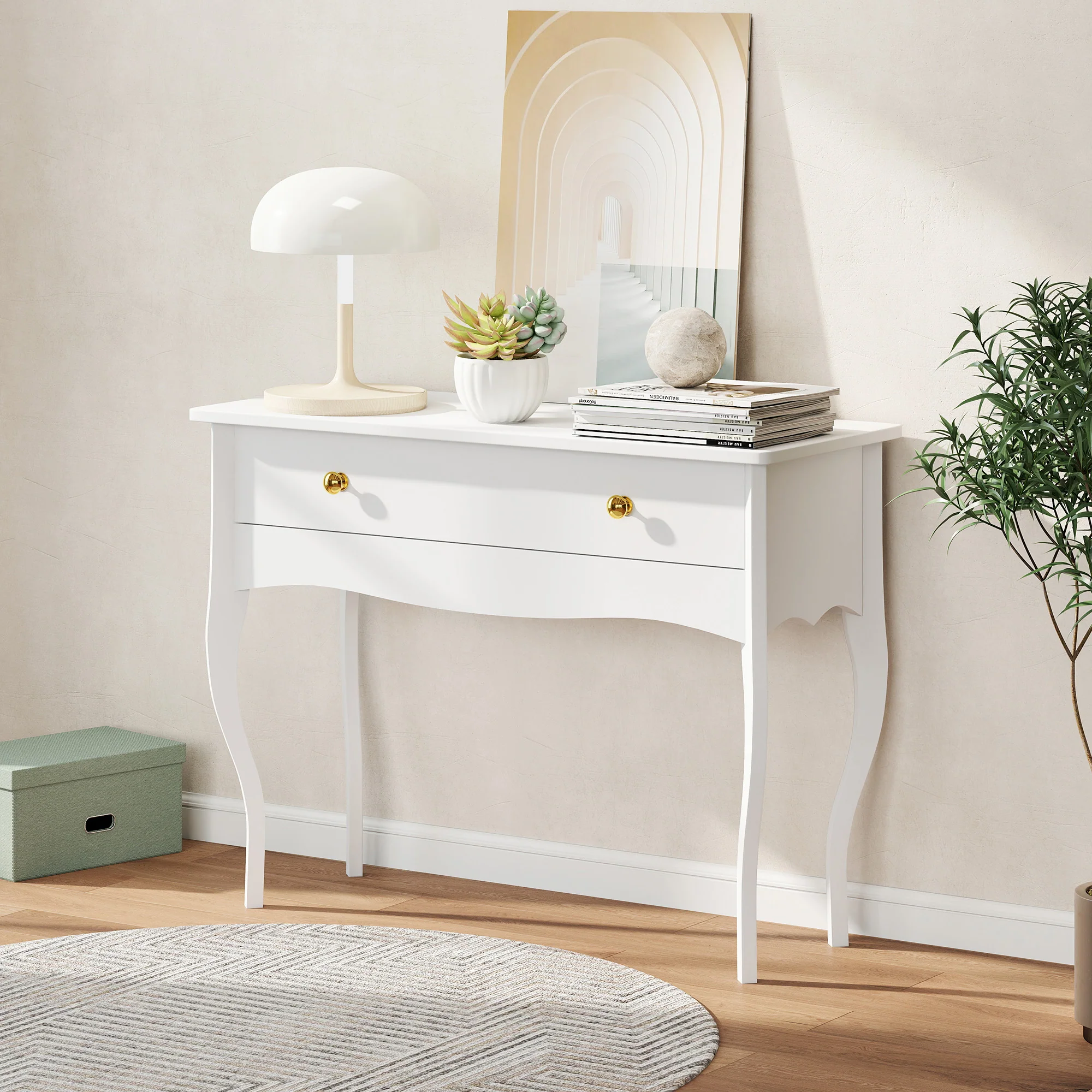 Coiffeuse, table de maquillage avec grand tiroir et pieds cabriole, bureau coiffeuse pour chambre à coucher, 100 x 40 x 74 cm, blanc - Image 9
