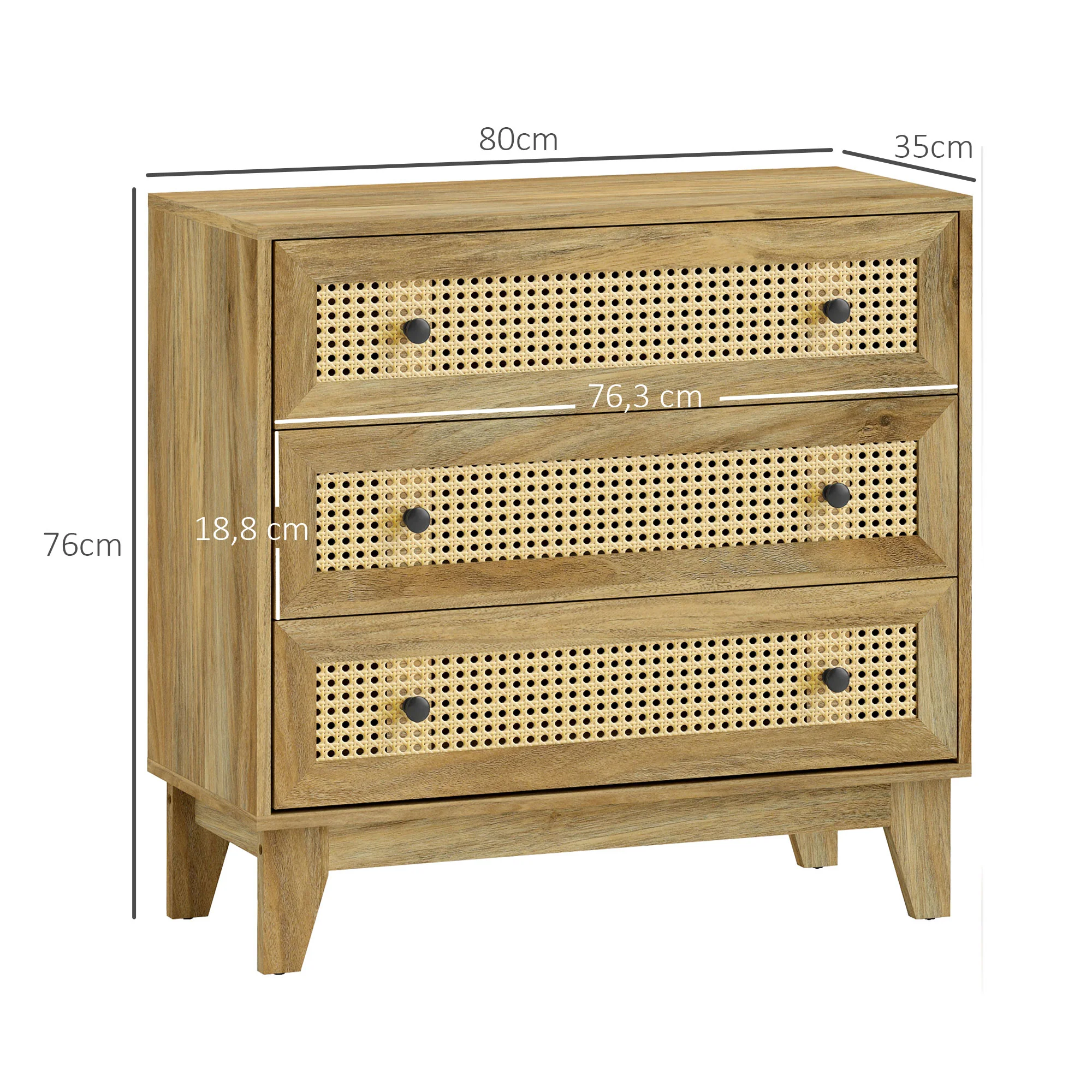 Commode 3 tiroirs meuble de rangement cannage en rotin 80 x 35 x 76 cm aspect bois clair - Image 4