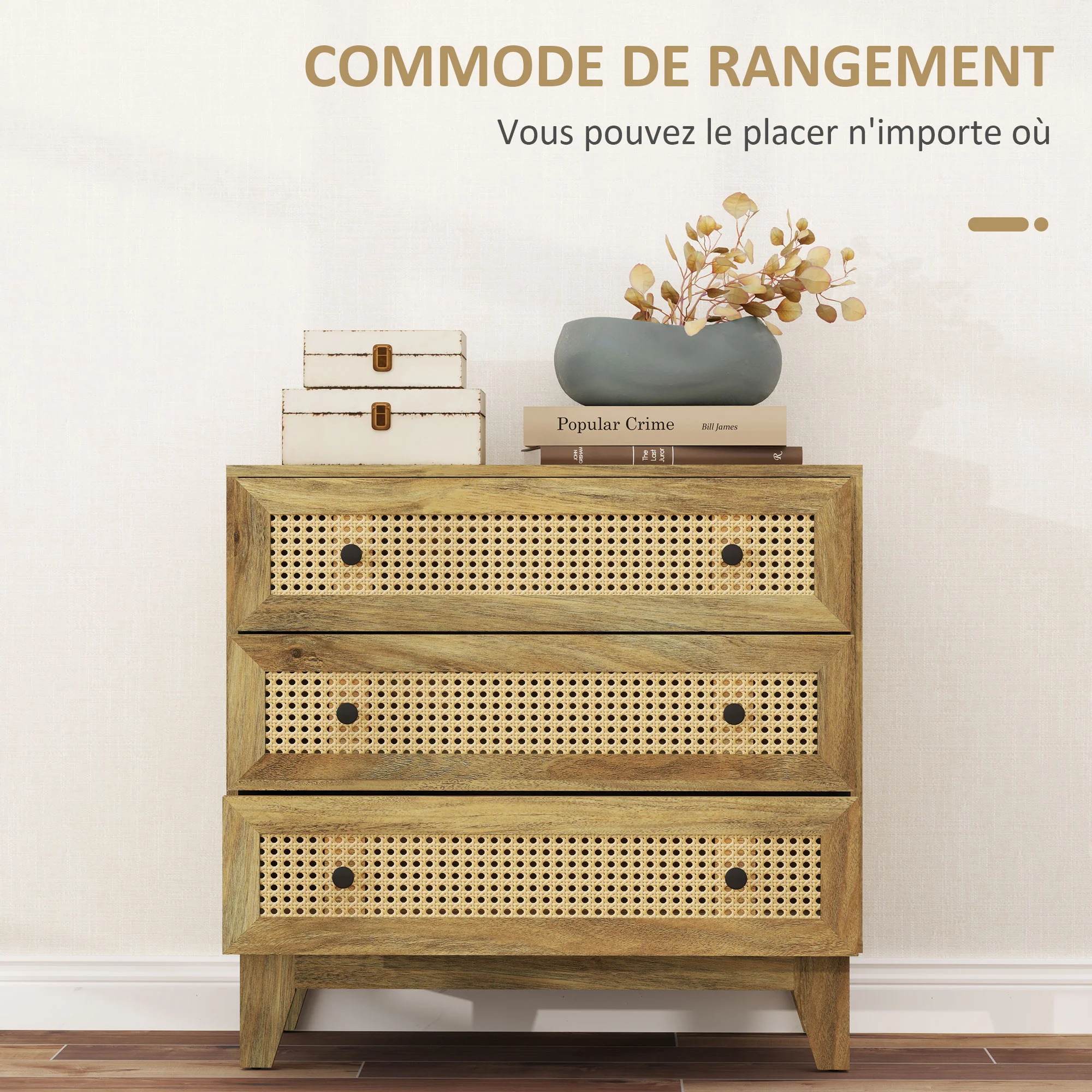 Commode 3 tiroirs meuble de rangement cannage en rotin 80 x 35 x 76 cm aspect bois clair - Image 5