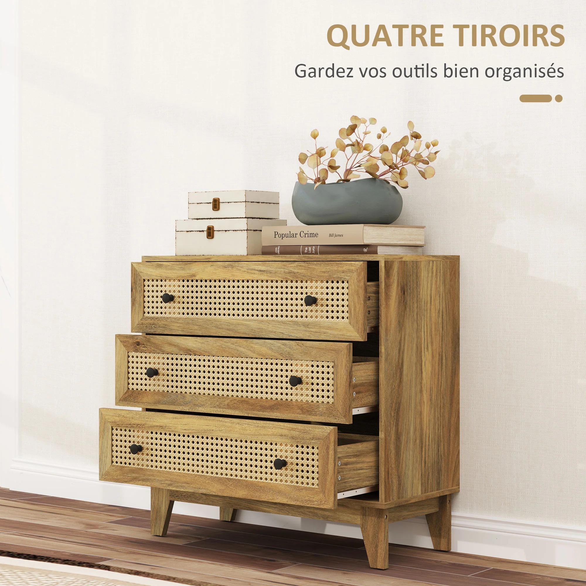 Commode 3 tiroirs meuble de rangement cannage en rotin 80 x 35 x 76 cm aspect bois clair - Image 6