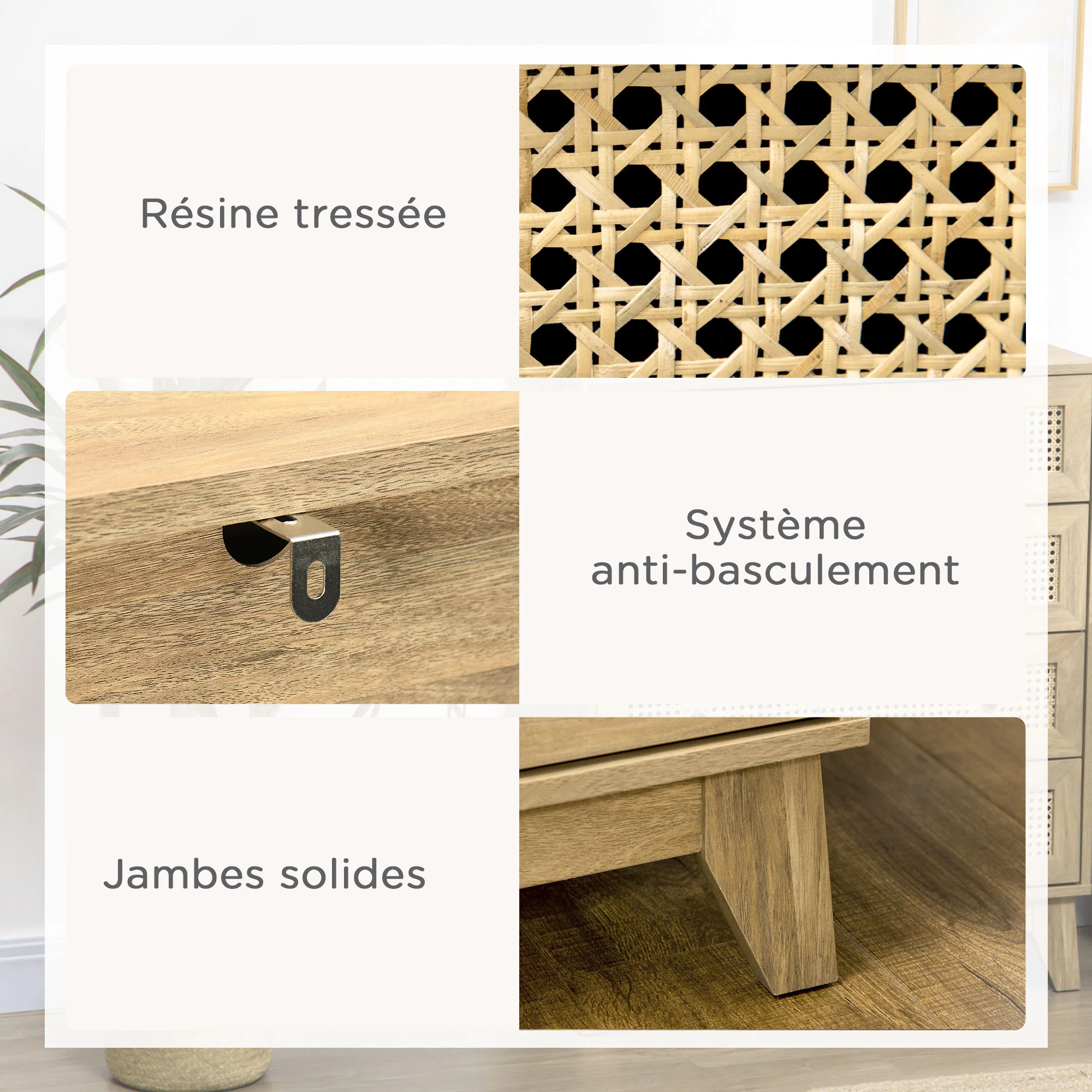 Commode 3 tiroirs meuble de rangement cannage en rotin 80 x 35 x 76 cm aspect bois clair - Image 7
