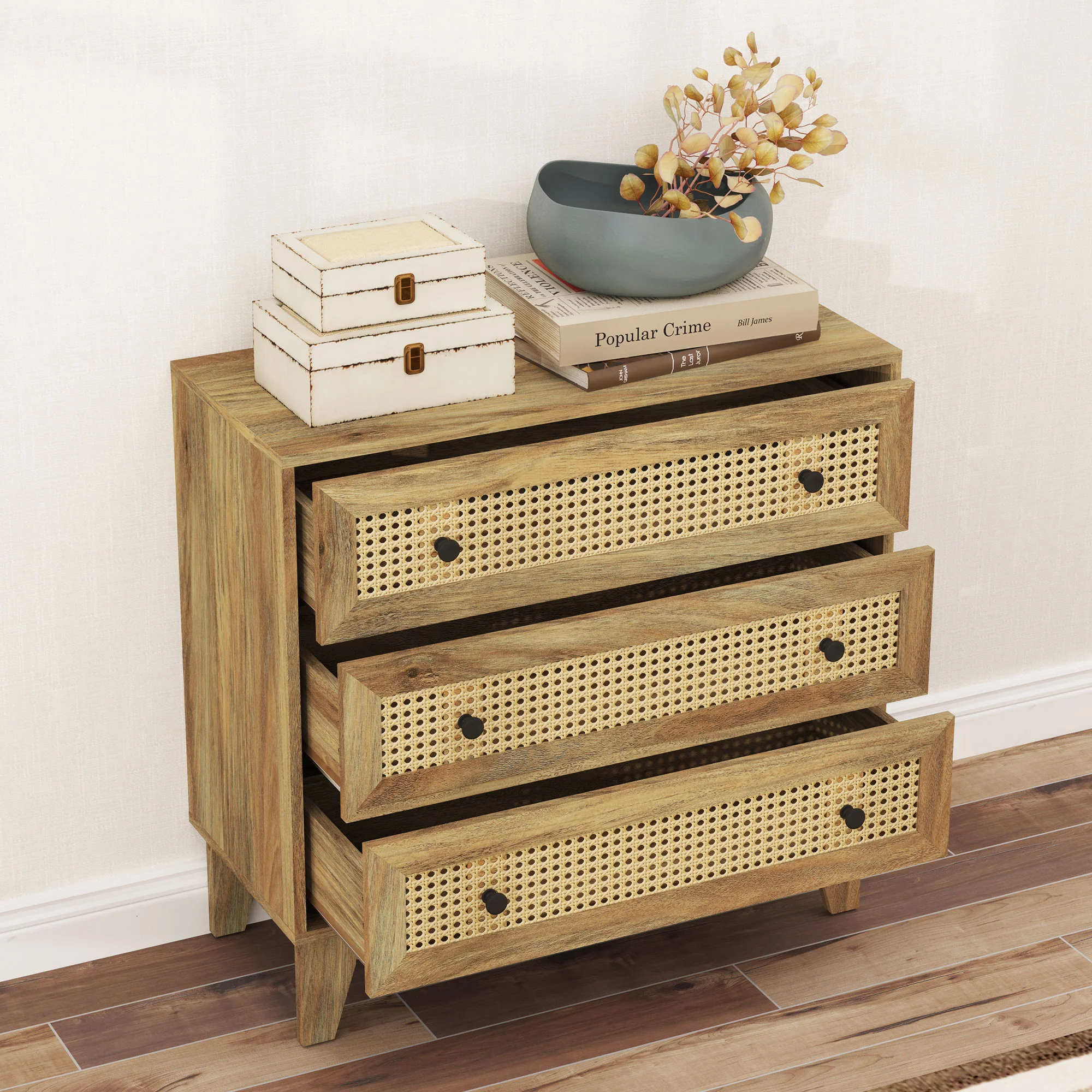 Commode 3 tiroirs meuble de rangement cannage en rotin 80 x 35 x 76 cm aspect bois clair - Image 8