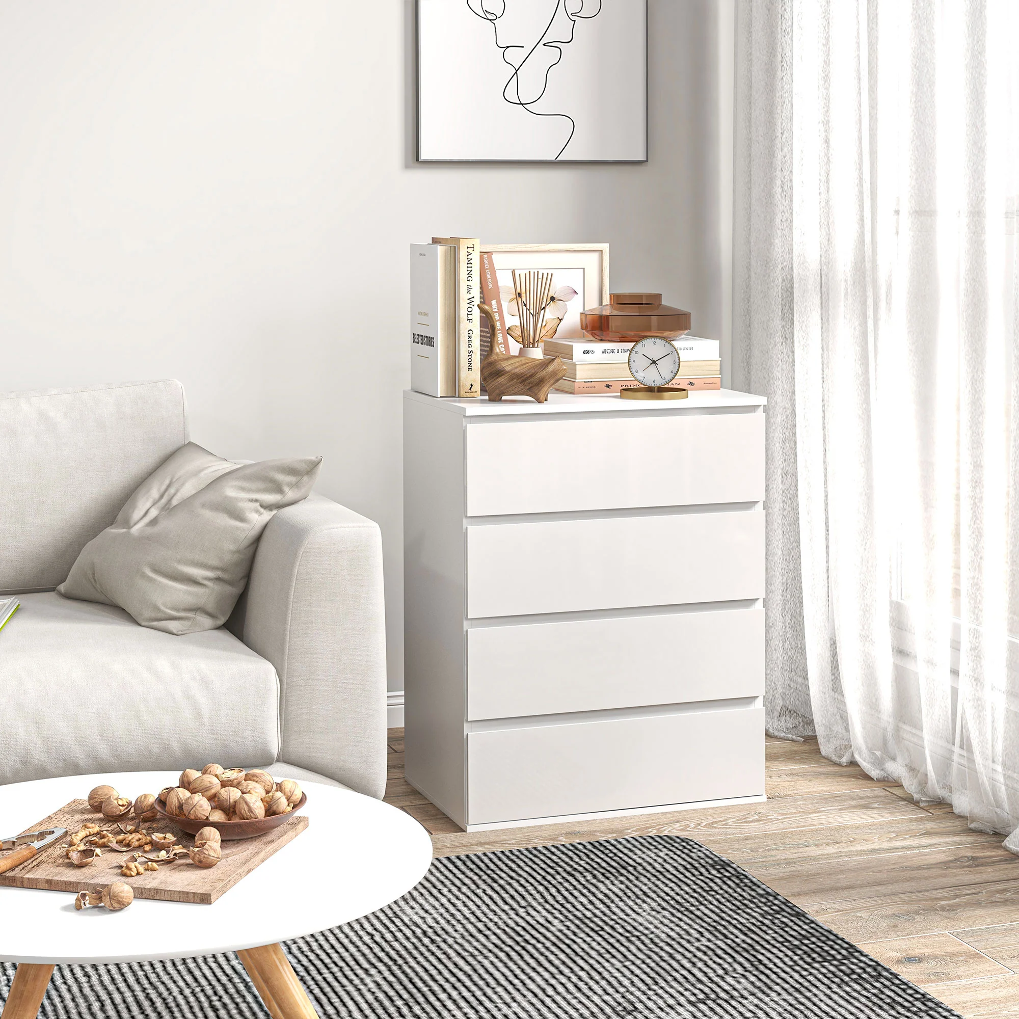 Commode 4 tiroirs commode chambre meuble de rangement épuré style moderne avec mécanisme de fermeture en douceur, pour chambre à coucher, salon - 60 x 40 x 80 cm, blanc - Image 8