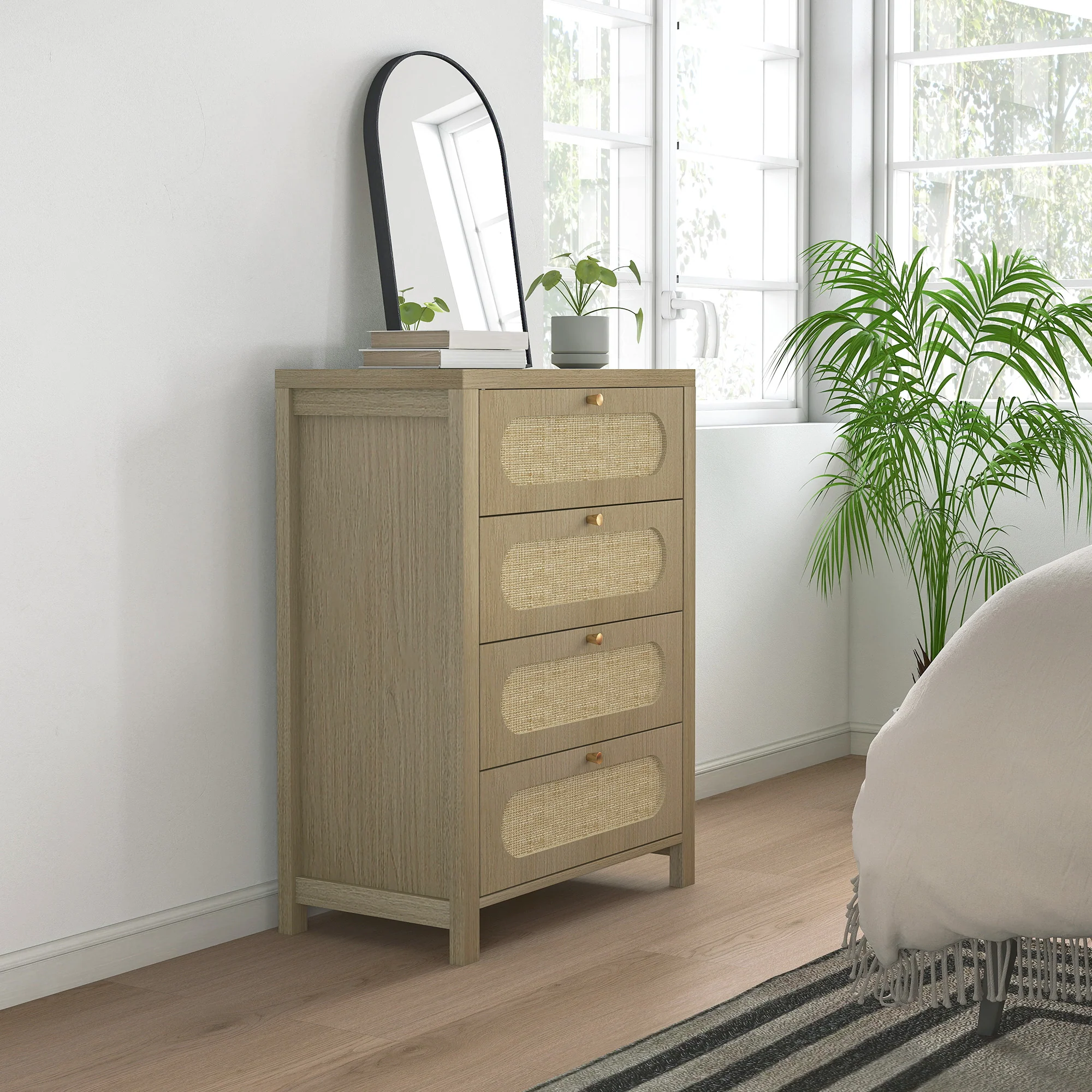 Commode 4 tiroirs meuble de rangement style bohémienne avec portes en résine tressée, poignées dorés, commode chambre à coucher, salon - 70 x 38 x 93 cm, effet bois naturel - Image 10