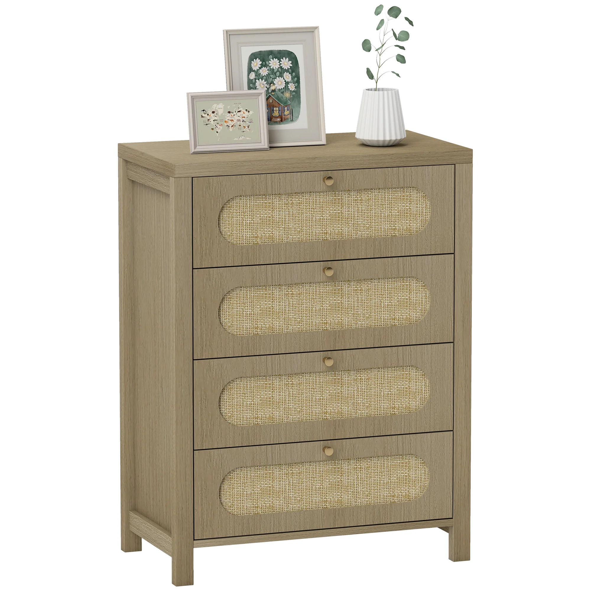Commode 4 tiroirs meuble de rangement style bohémienne avec portes en résine tressée, poignées dorés, commode chambre à coucher, salon - 70 x 38 x 93 cm, effet bois naturel - Image 11