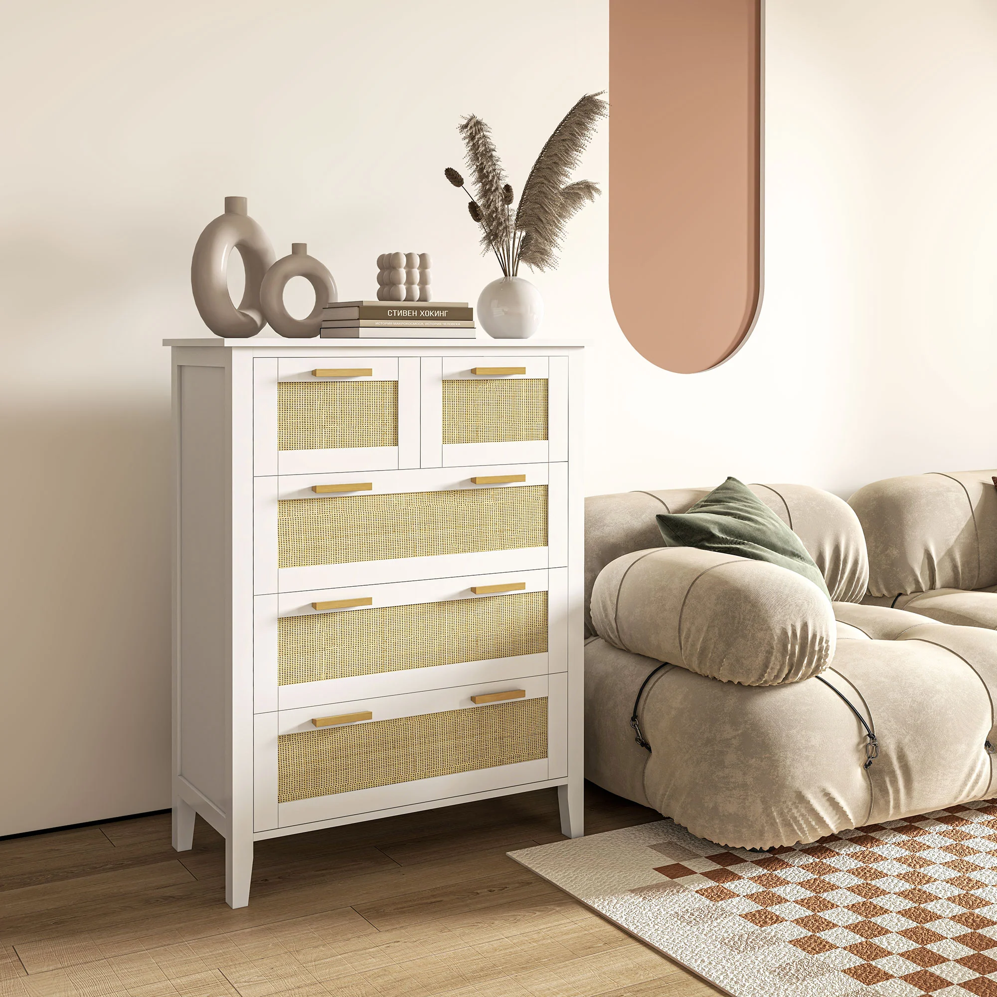 Commode 5 tiroirs meuble de rangement avec poignées en bois massif et glissières en métal pour bureau salon chambre à coucher blanc - Image 3