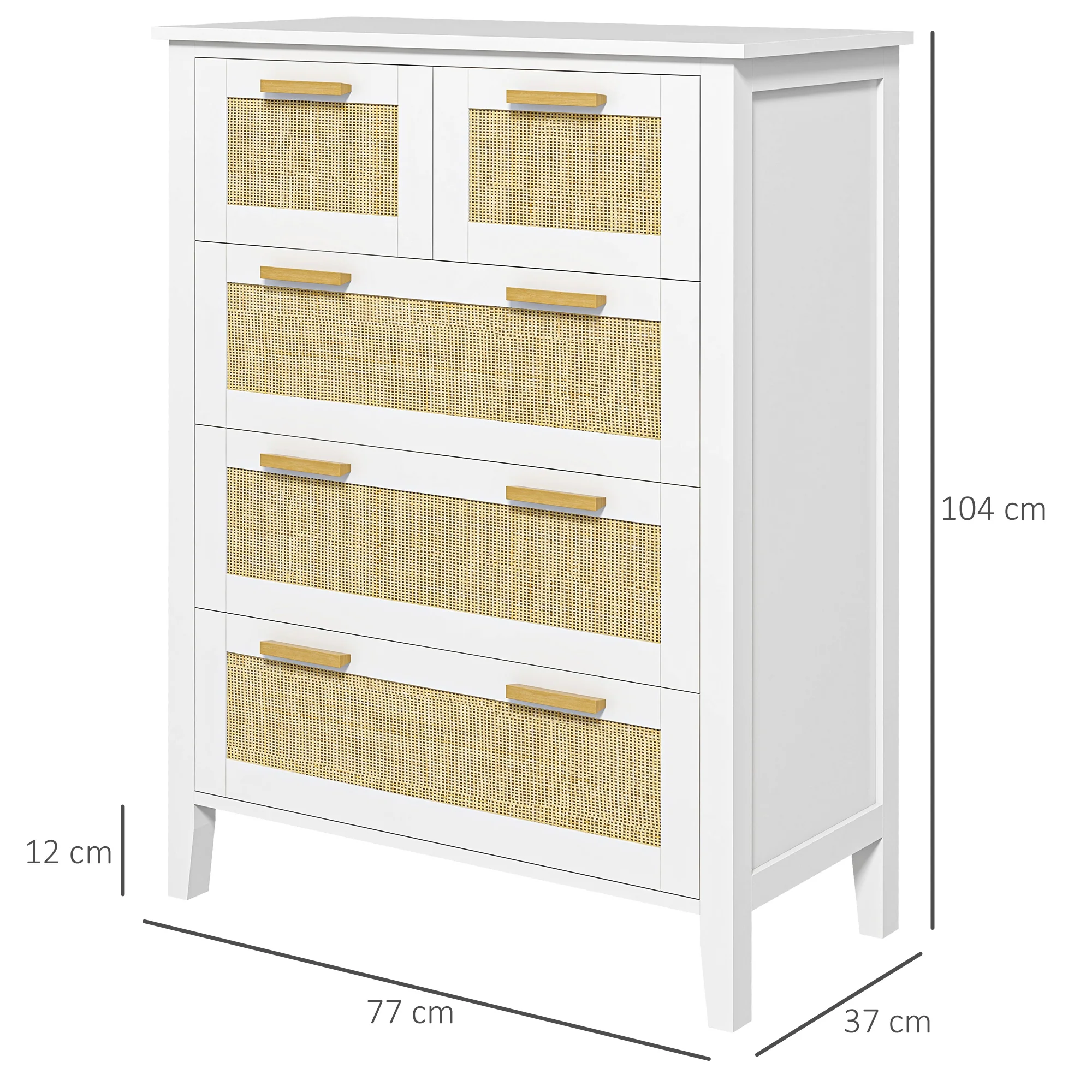 Commode 5 tiroirs meuble de rangement avec poignées en bois massif et glissières en métal pour bureau salon chambre à coucher blanc - Image 4