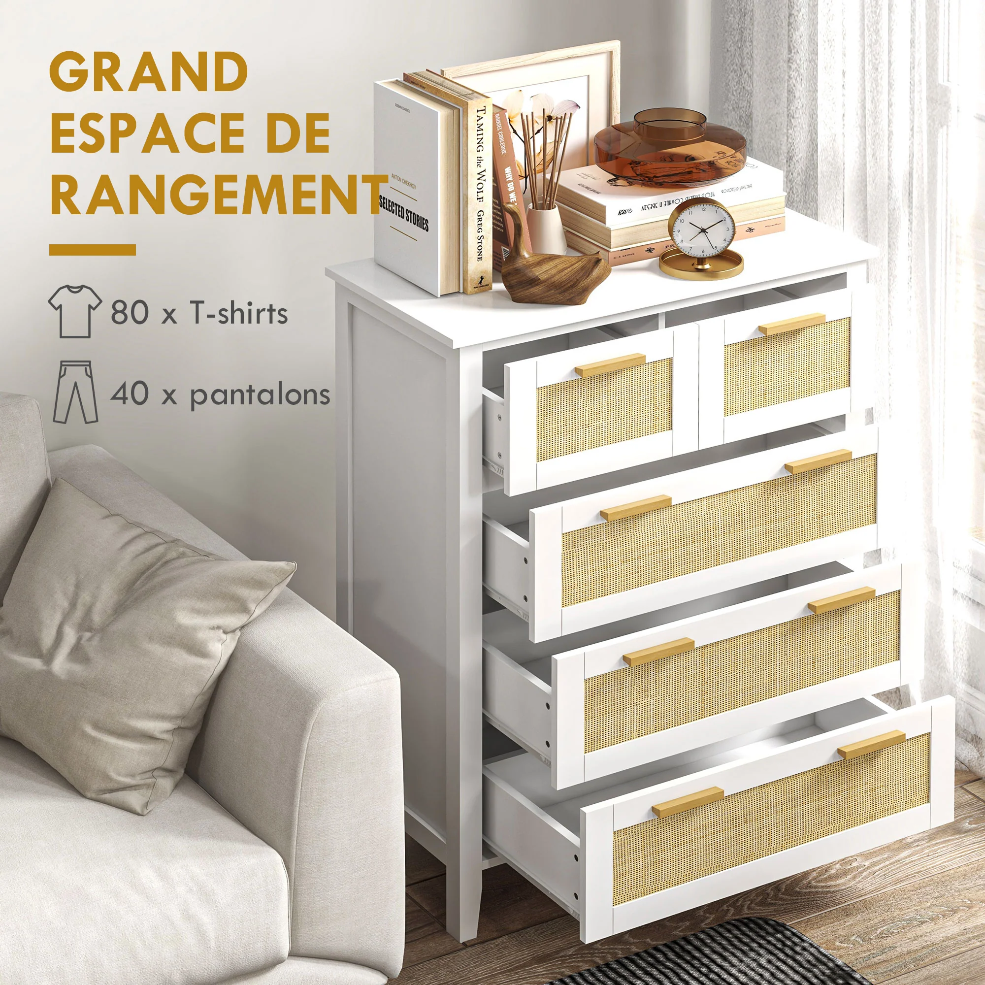 Commode 5 tiroirs meuble de rangement avec poignées en bois massif et glissières en métal pour bureau salon chambre à coucher blanc - Image 5