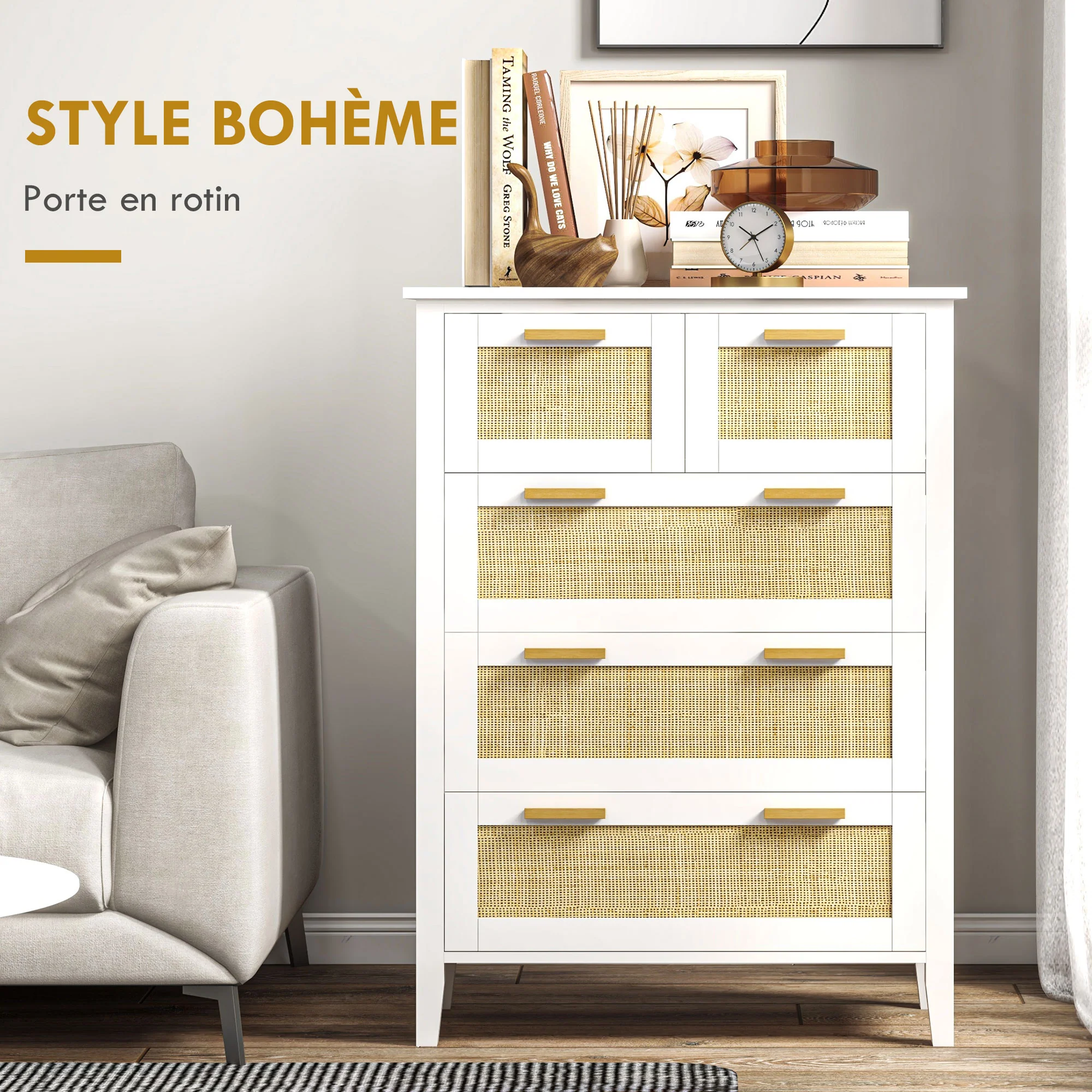 Commode 5 tiroirs meuble de rangement avec poignées en bois massif et glissières en métal pour bureau salon chambre à coucher blanc - Image 6