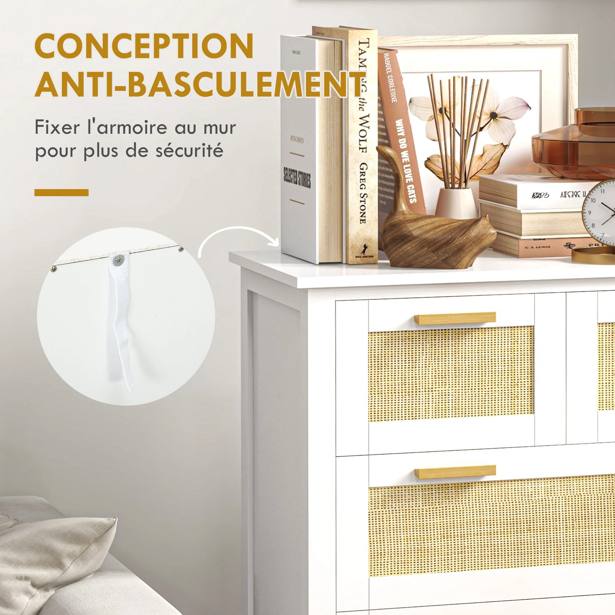 Commode 5 tiroirs meuble de rangement avec poignées en bois massif et glissières en métal pour bureau salon chambre à coucher blanc - Image 7