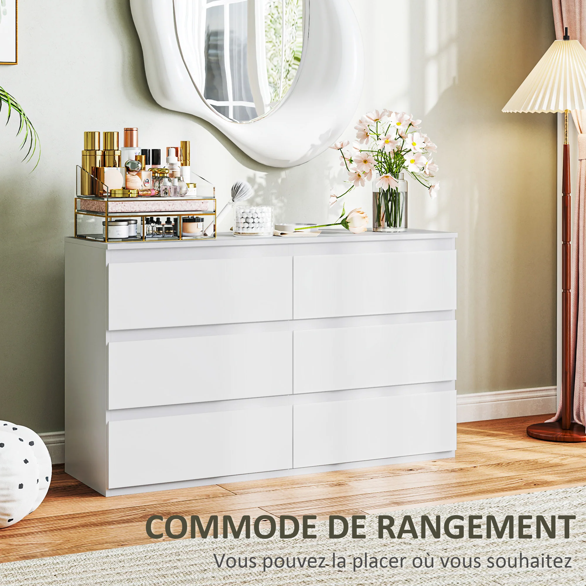 Commode 6 tiroirs commode chambre meuble de rangement épuré style moderne avec mécanisme de fermeture en douceur, pour chambre à coucher, salon - 120 x 39 x 75 cm, blanc - Image 5