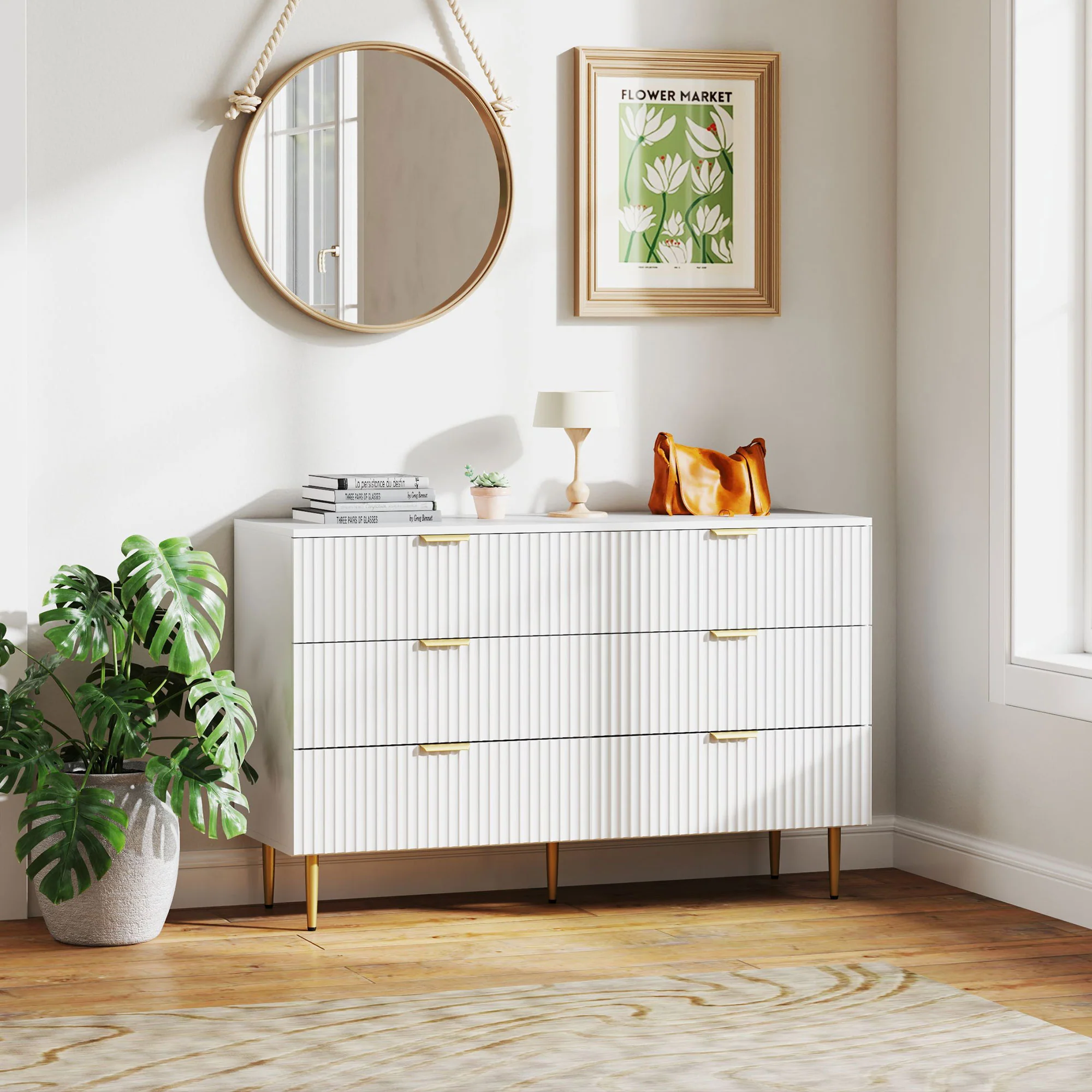 Commode 6 tiroirs commode chambre meuble de rangement moderne avec poignées et pieds dorés, pour chambre à coucher, salon, dim. 120 x 40 x 76,5 cm, blanc - Image 3