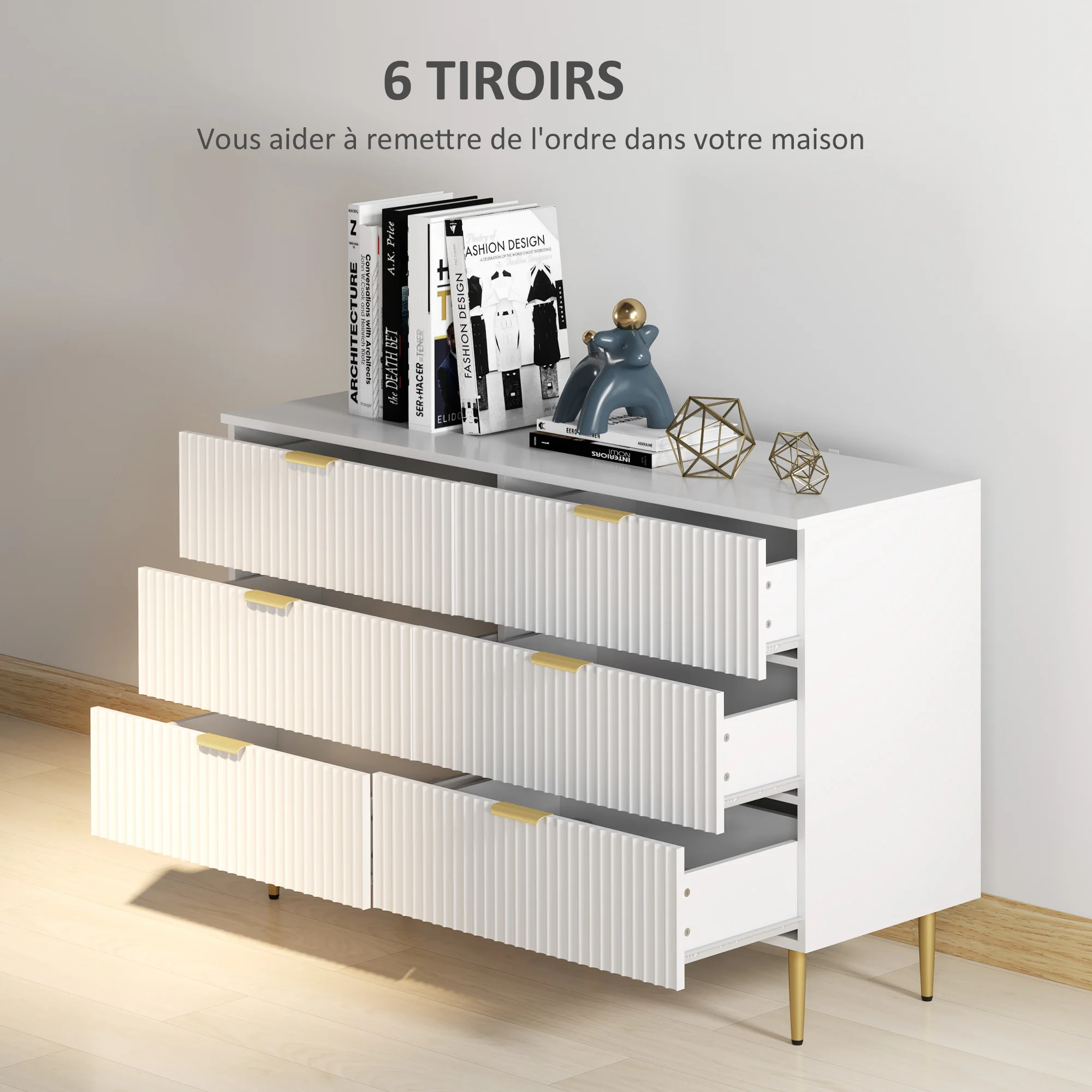 Commode 6 tiroirs commode chambre meuble de rangement moderne avec poignées et pieds dorés, pour chambre à coucher, salon, dim. 120 x 40 x 76,5 cm, blanc - Image 5