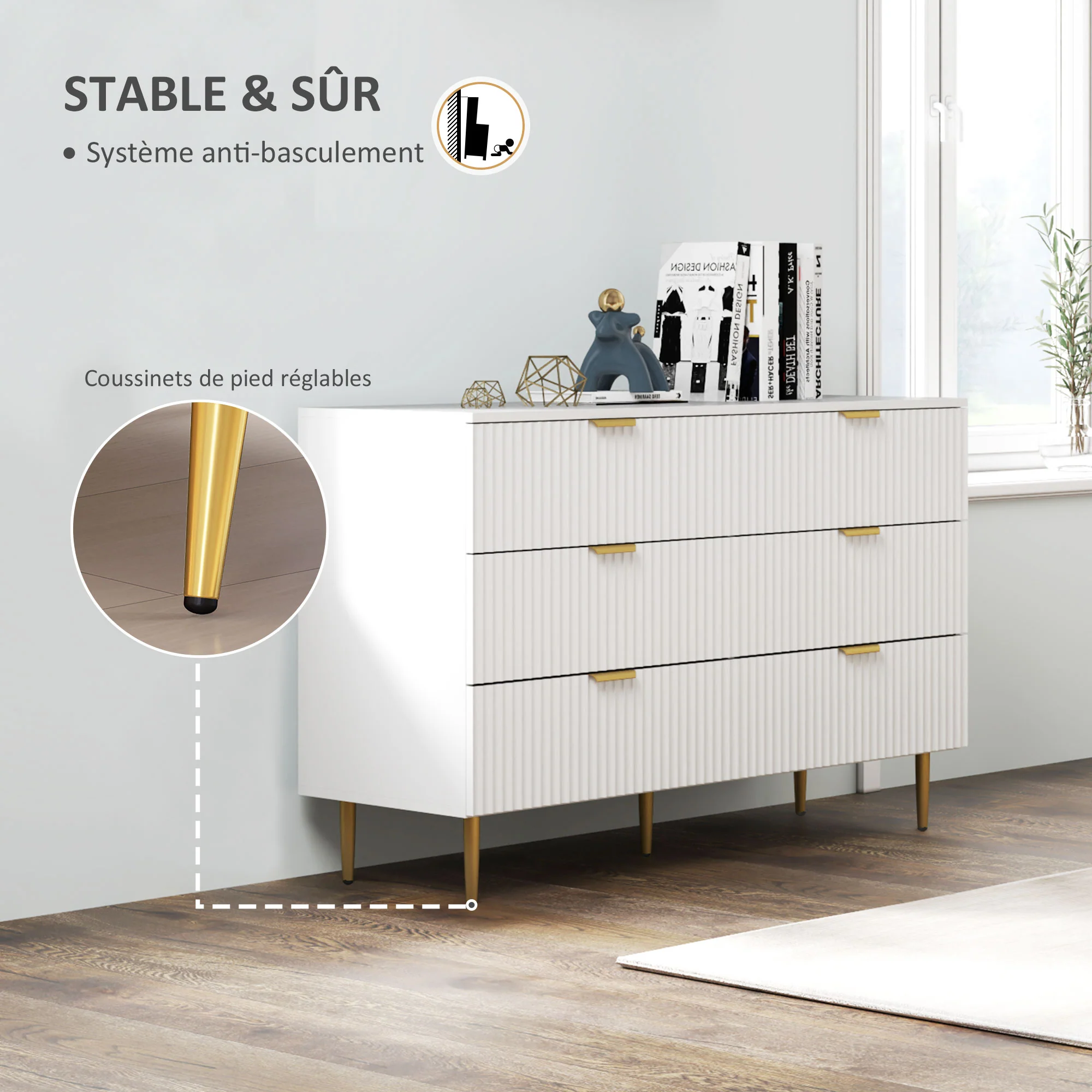 Commode 6 tiroirs commode chambre meuble de rangement moderne avec poignées et pieds dorés, pour chambre à coucher, salon, dim. 120 x 40 x 76,5 cm, blanc - Image 7