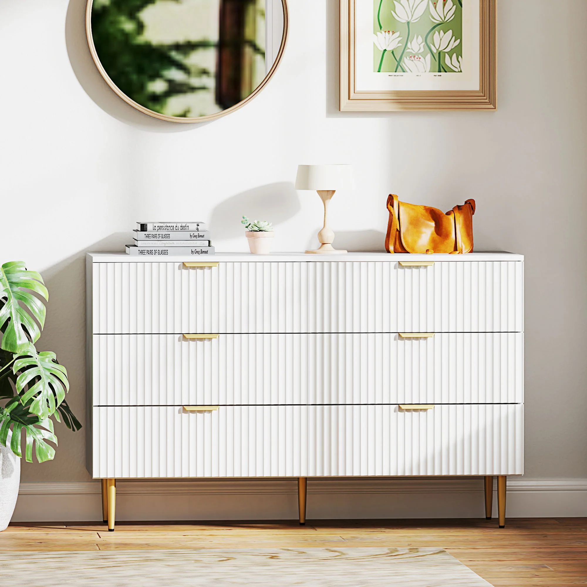 Commode 6 tiroirs commode chambre meuble de rangement moderne avec poignées et pieds dorés, pour chambre à coucher, salon, dim. 120 x 40 x 76,5 cm, blanc - Image 8