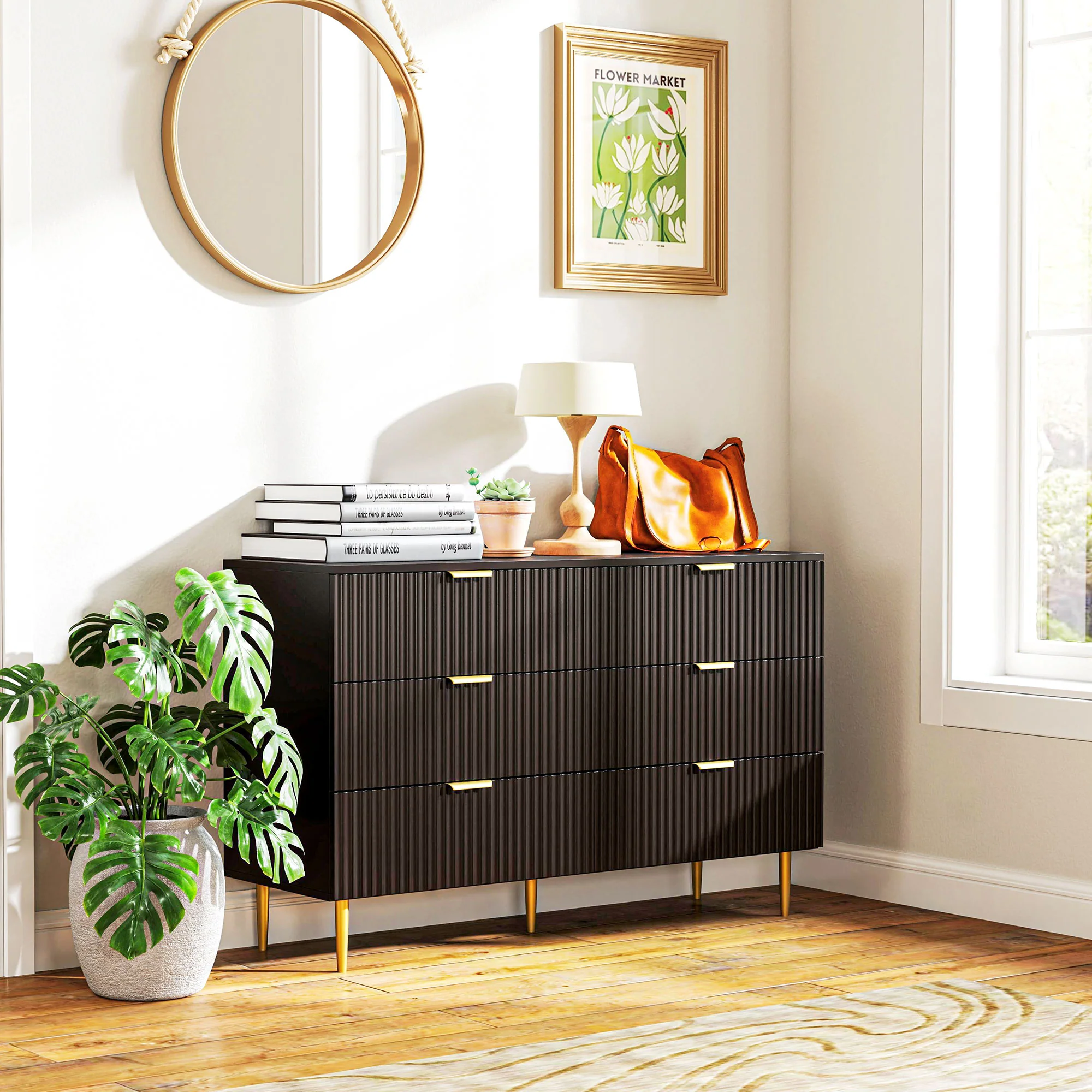 Commode 6 tiroirs commode chambre meuble de rangement moderne avec poignées et pieds dorés, pour chambre à coucher, salon, dim. 120 x 40 x 76,5 cm, noir - Image 10