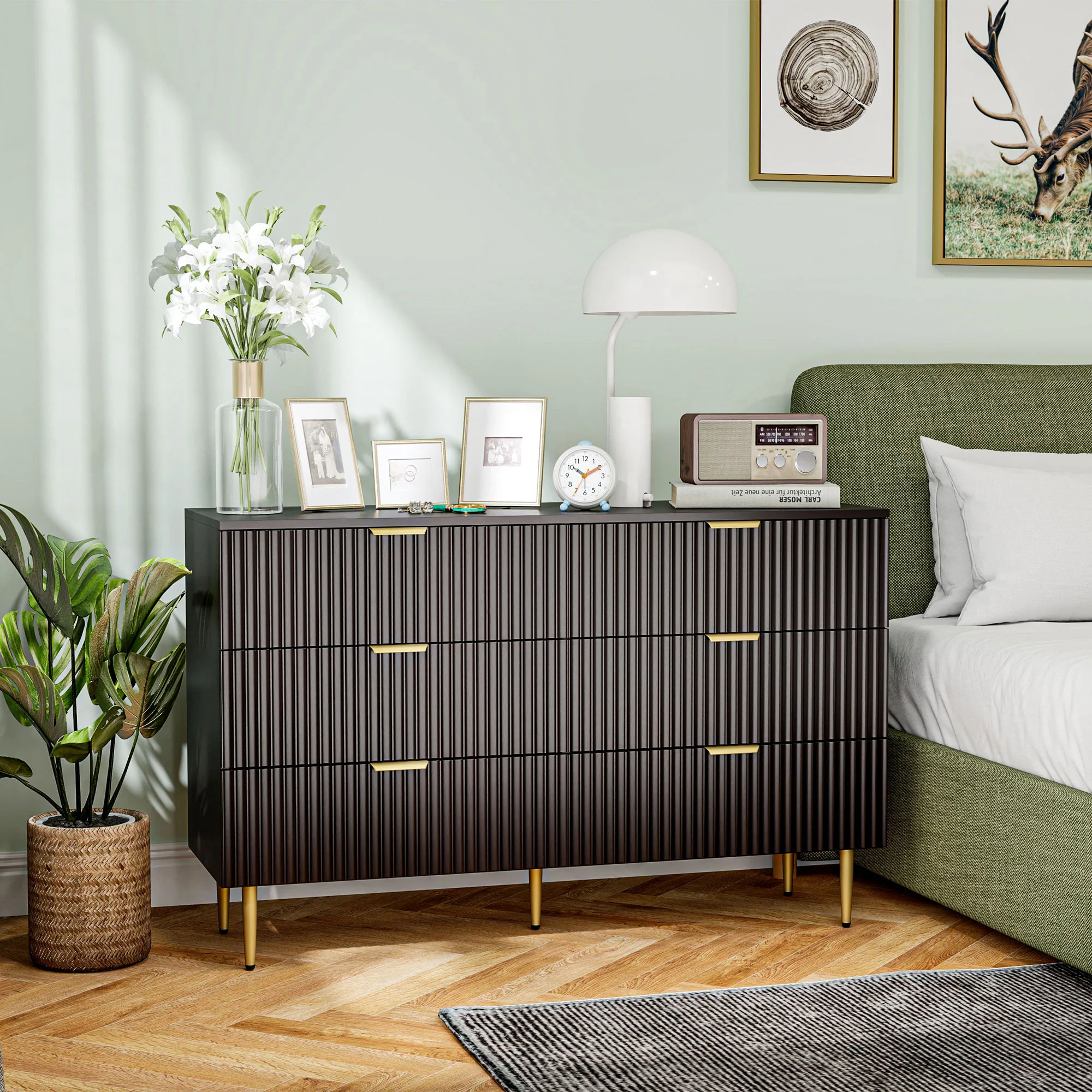 Commode 6 tiroirs commode chambre meuble de rangement moderne avec poignées et pieds dorés, pour chambre à coucher, salon, dim. 120 x 40 x 76,5 cm, noir - Image 8
