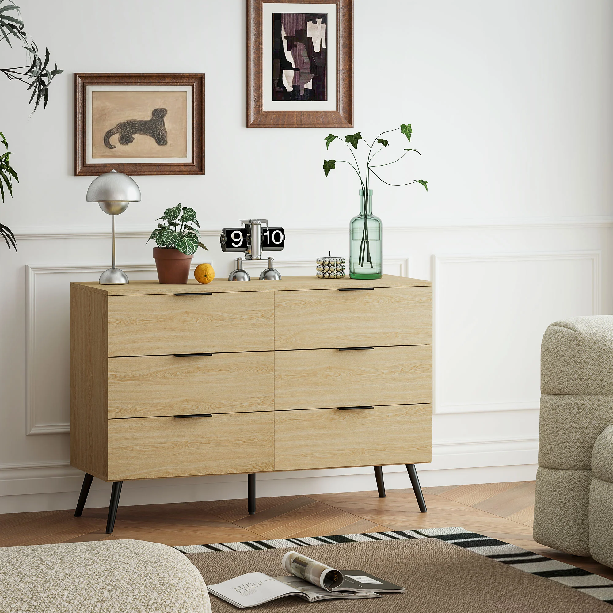 Commode 6 tiroirs Commode pour chambre à coucher design moderne avec anti-basculement 110L x 40l x 75H cm Aspect bois - Image 3