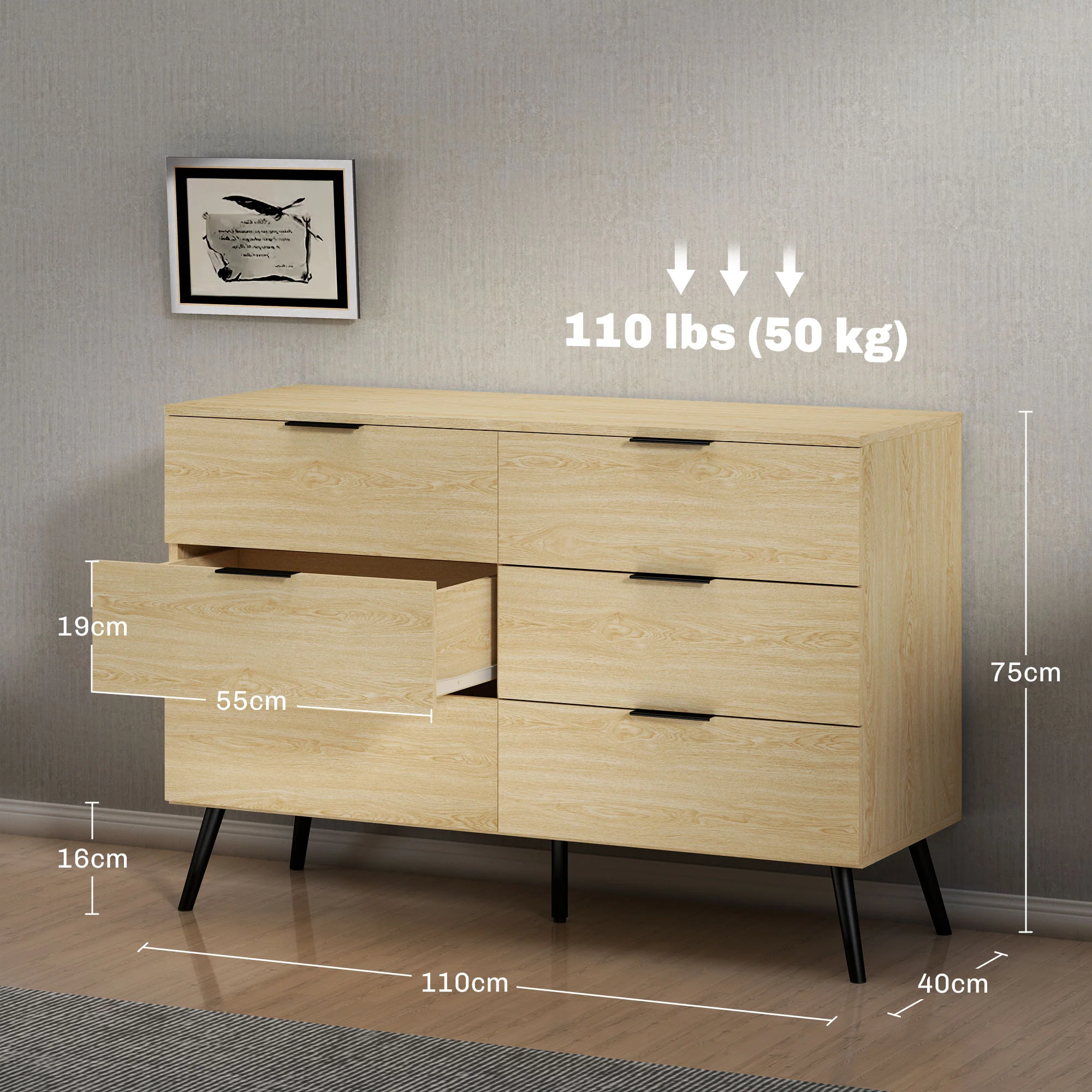Commode 6 tiroirs Commode pour chambre à coucher design moderne avec anti-basculement 110L x 40l x 75H cm Aspect bois - Image 4