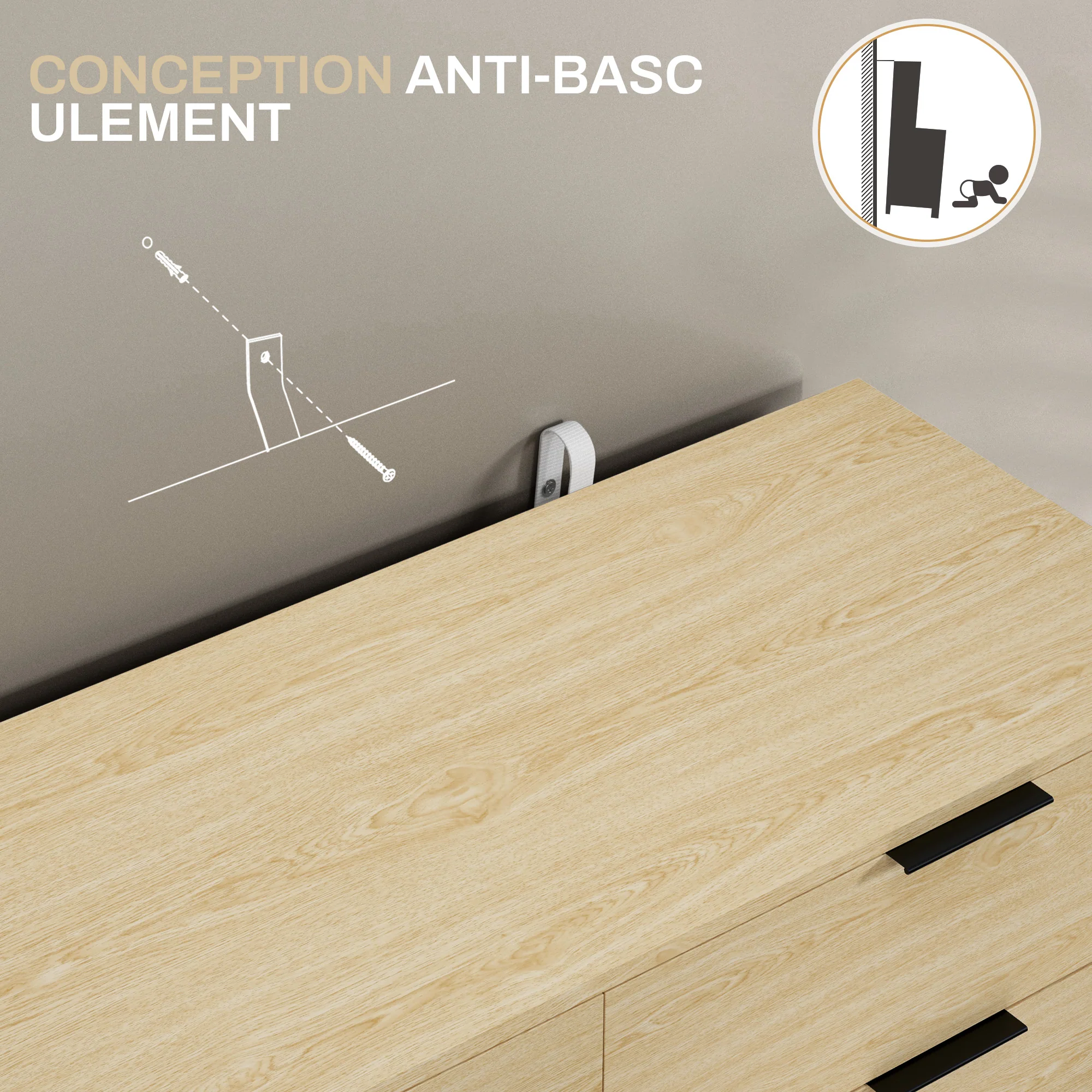 Commode 6 tiroirs Commode pour chambre à coucher design moderne avec anti-basculement 110L x 40l x 75H cm Aspect bois - Image 7