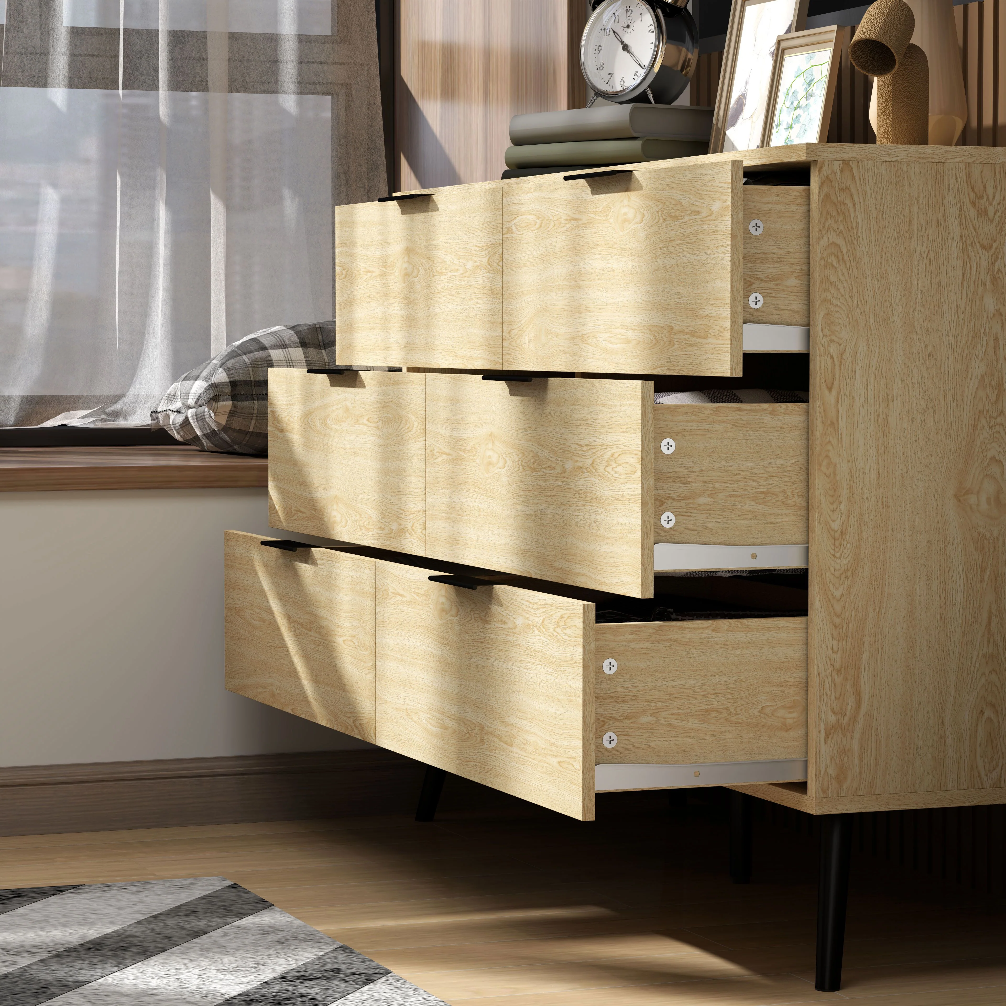 Commode 6 tiroirs Commode pour chambre à coucher design moderne avec anti-basculement 110L x 40l x 75H cm Aspect bois - Image 9