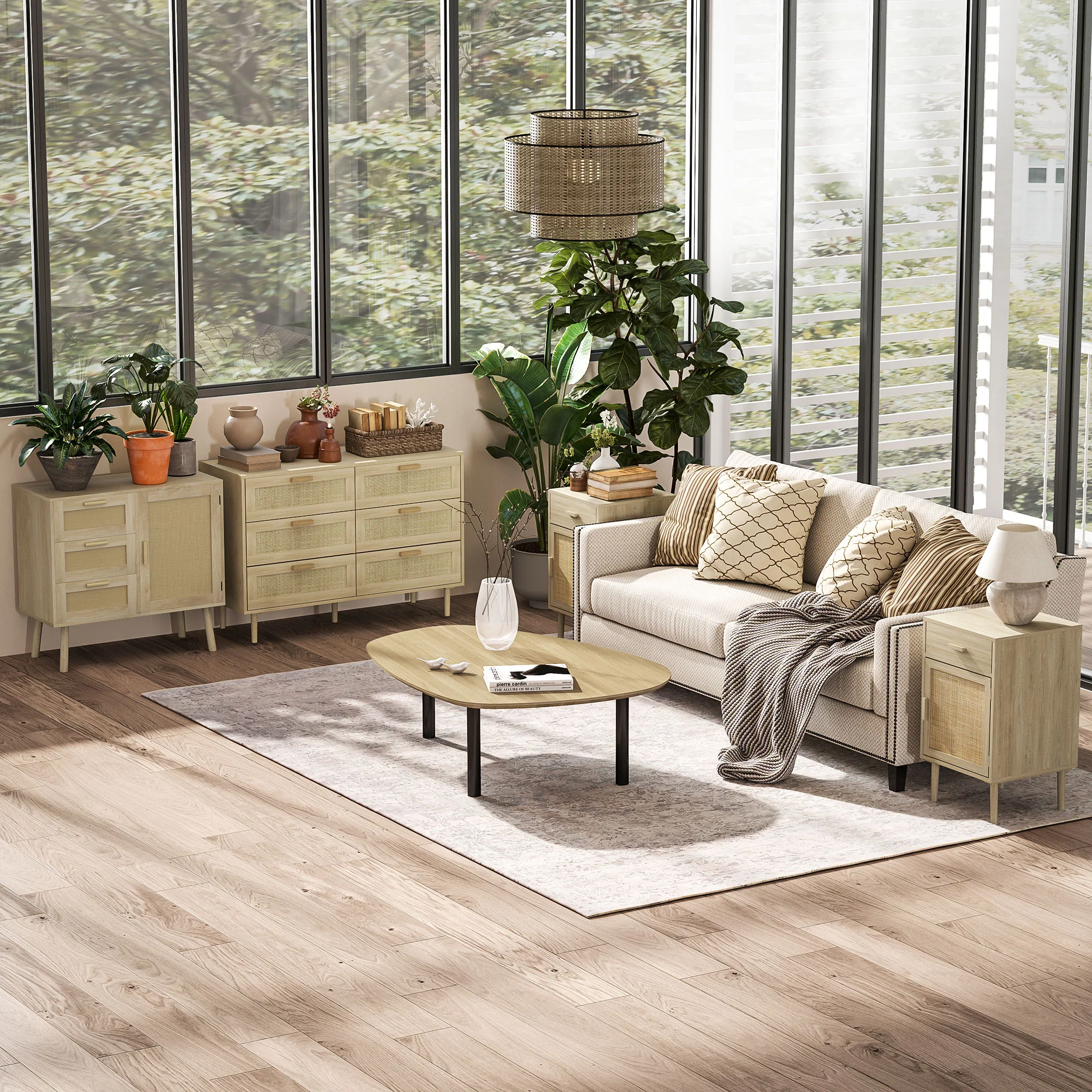 Commode 6 tiroirs meuble de rangement avec tissage en rotin dim. 110L x 40l x 75H cm Aspect Bois Clair - Image 10