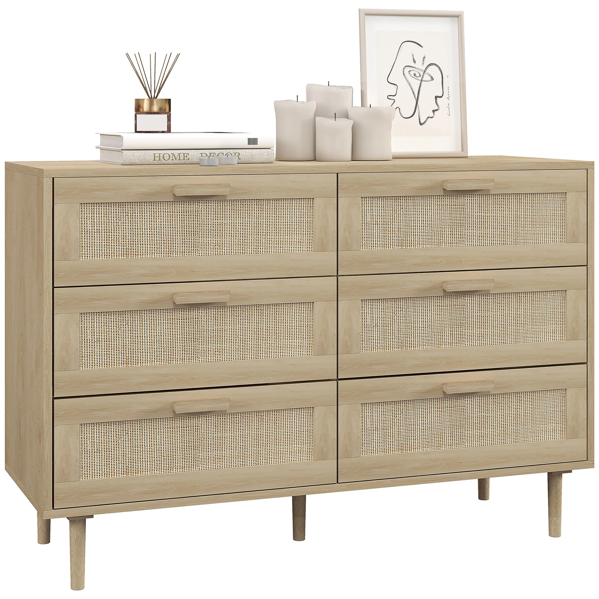 Commode 6 tiroirs meuble de rangement avec tissage en rotin dim. 110L x 40l x 75H cm Aspect Bois Clair - Image 11
