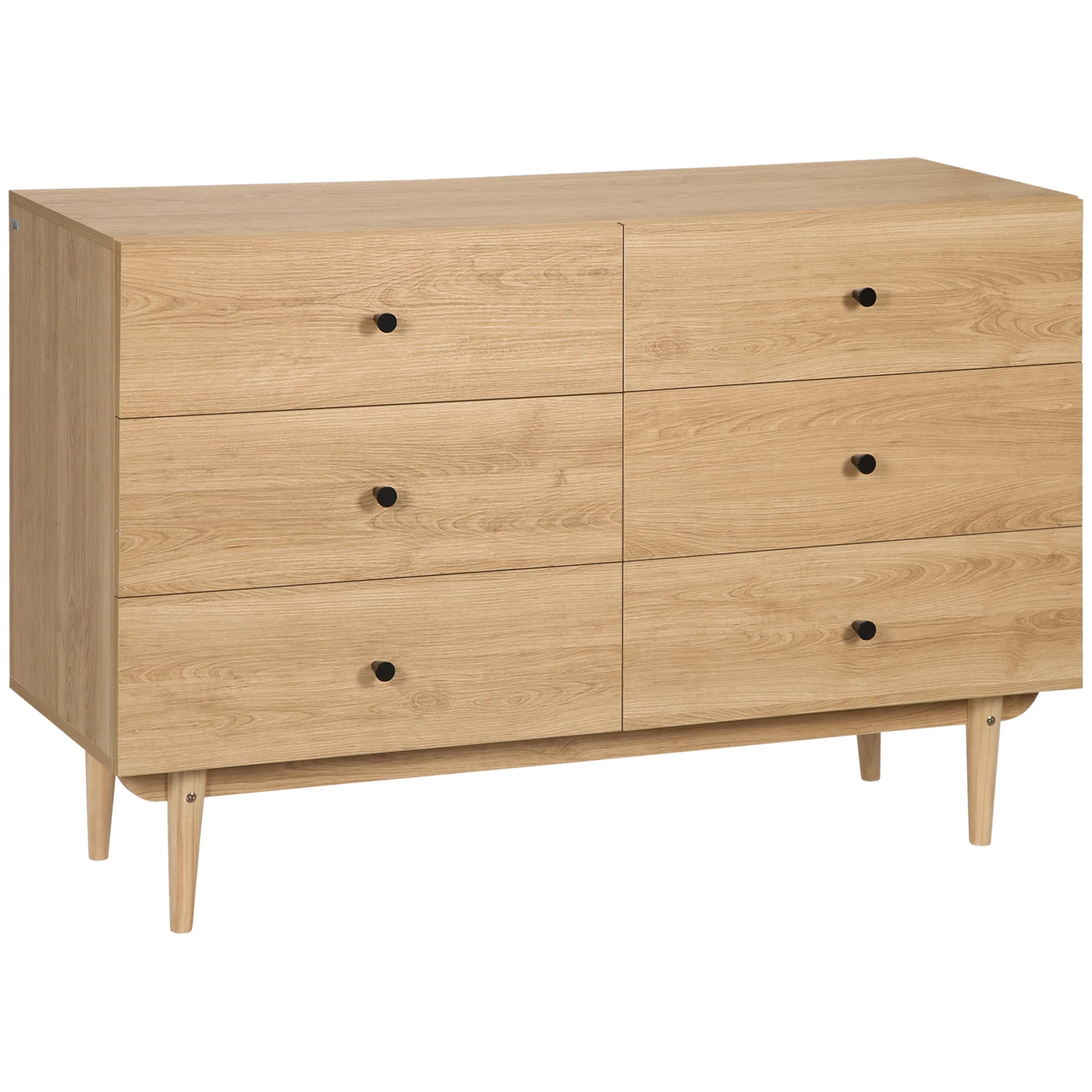 Commode 6 tiroirs meuble de rangement pieds en bois massif 120 x 40 x 80 cm couleur bois - Image 2