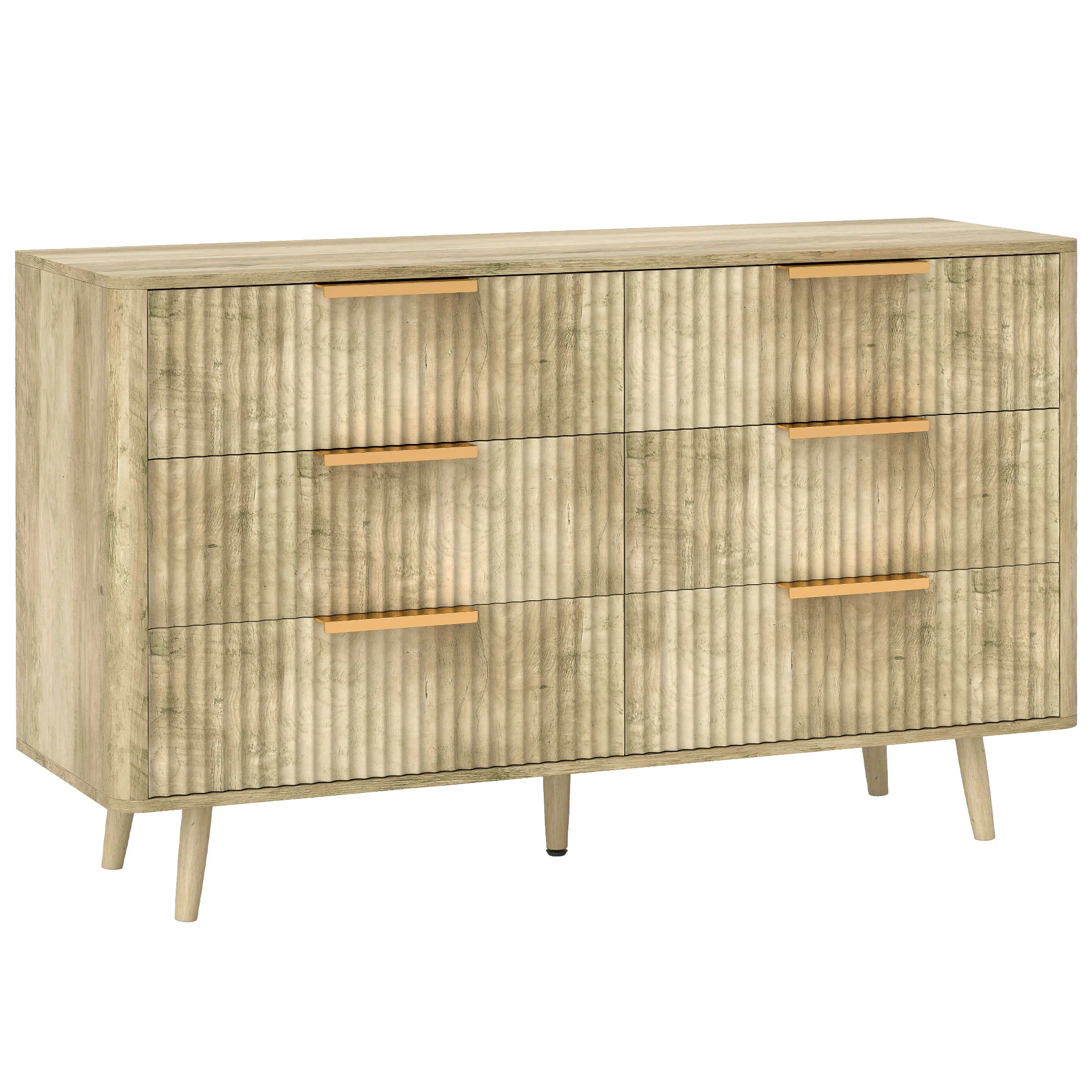 Commode 6 tiroirs meuble de rangement style scandinave avec poignées et pieds de pin, bois effet cannelé, commode chambre à coucher, salon, couloir - 120 x 40 x 76 cm, chêne - Image 2