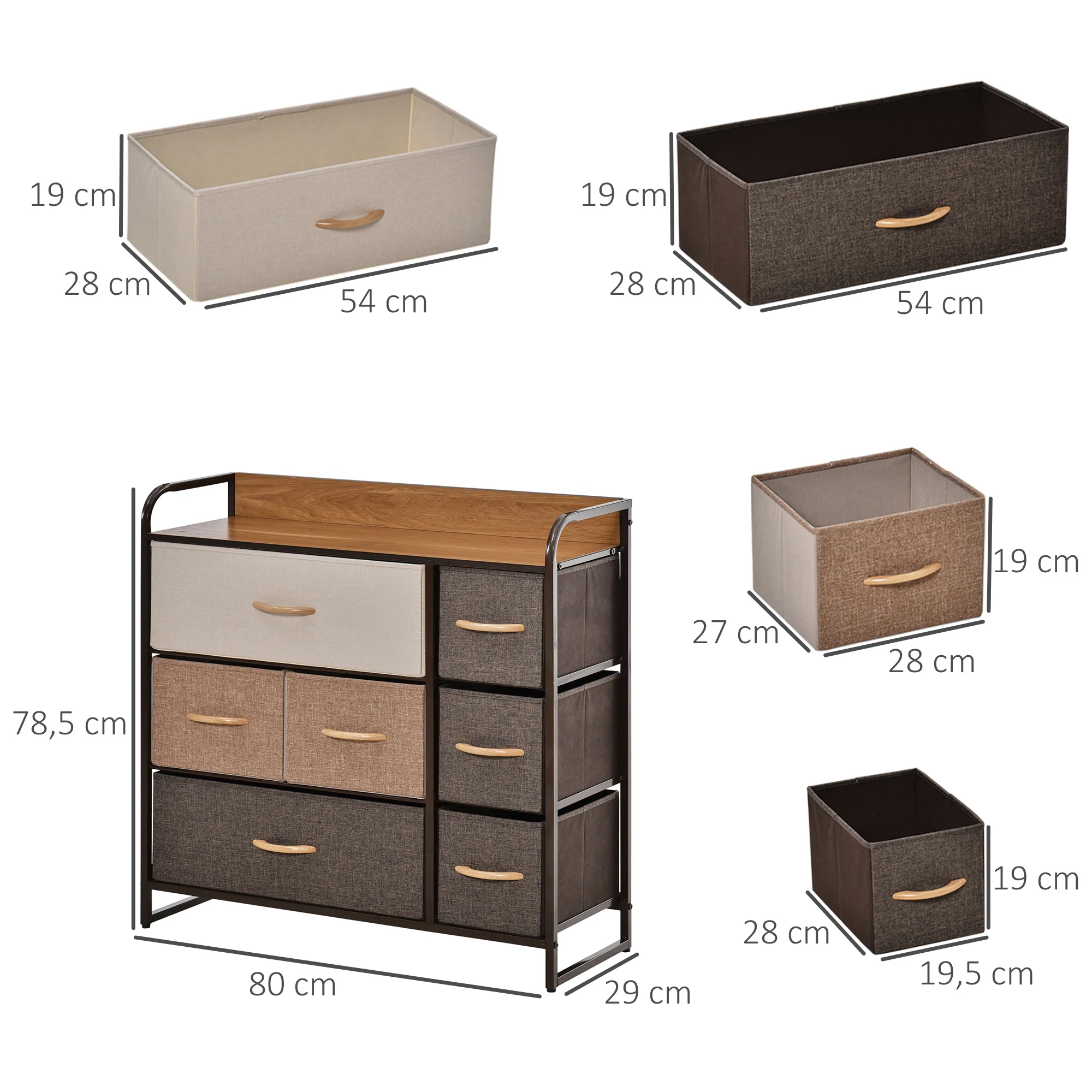 Commode 7 tiroirs meuble de rangement tiroir en tissu pliant - structure acier noir - 80L x 29l x 78,5H cm, chambre, entrée, salon, multicolore - Image 4