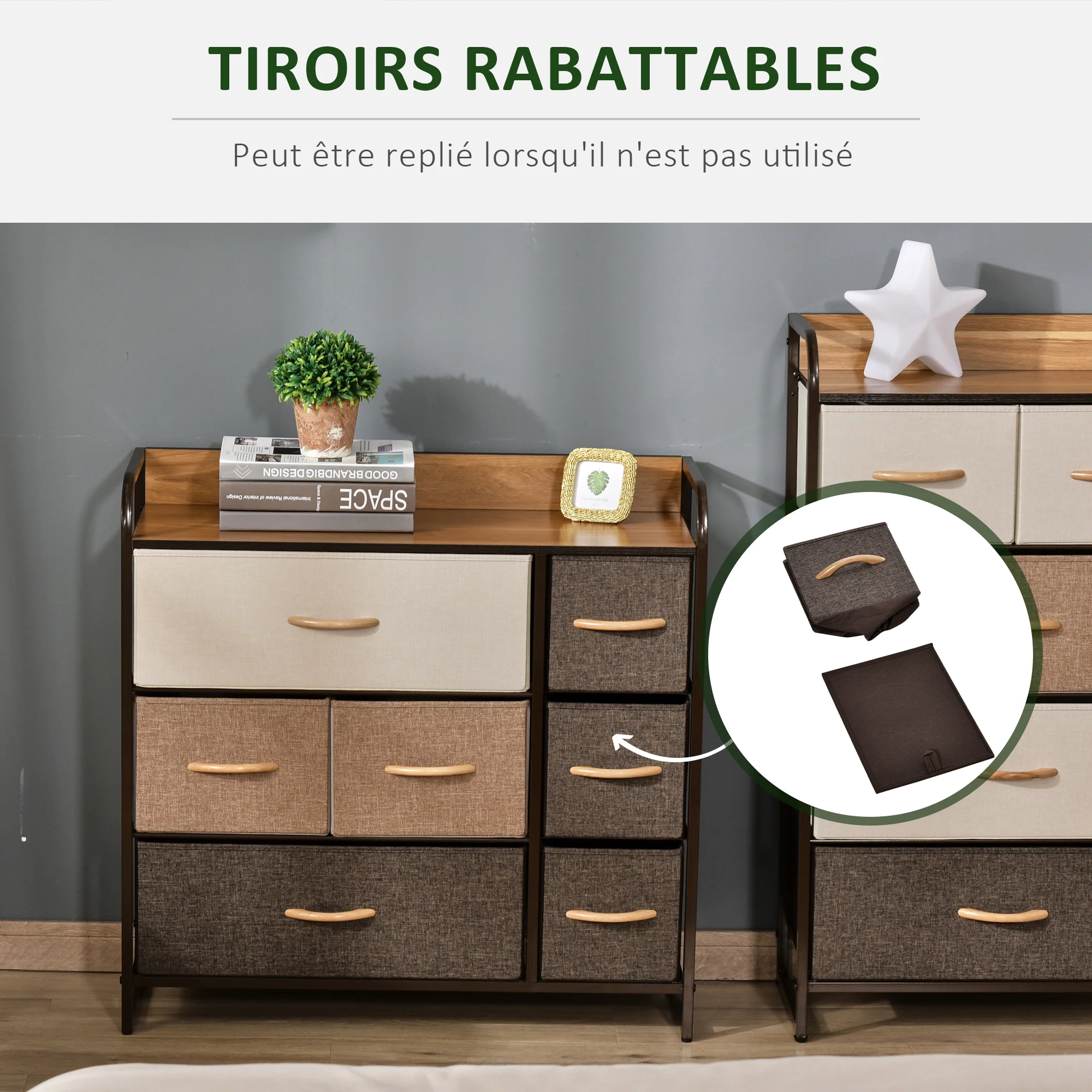 Commode 7 tiroirs meuble de rangement tiroir en tissu pliant - structure acier noir - 80L x 29l x 78,5H cm, chambre, entrée, salon, multicolore - Image 6