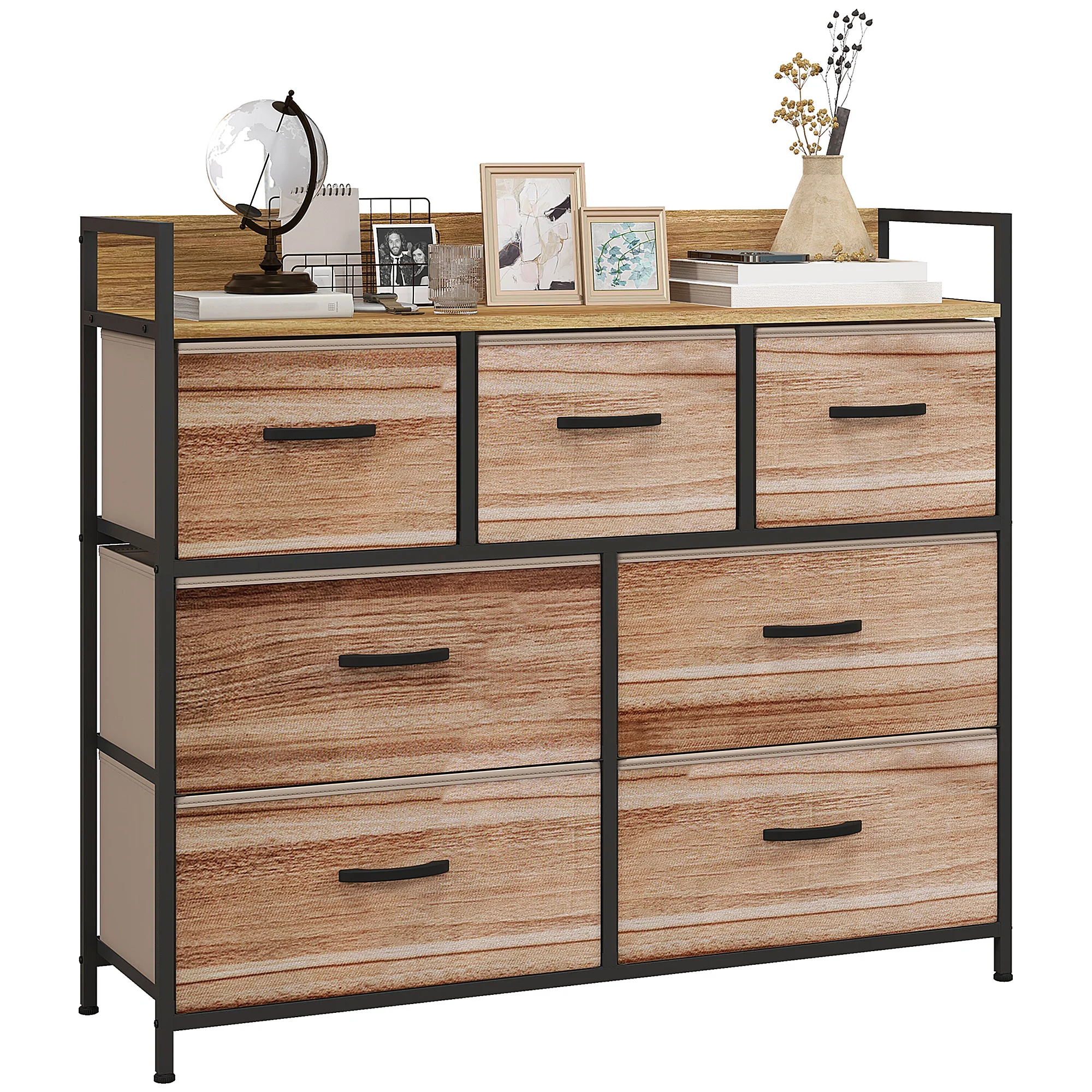 Commode 7 tiroirs meuble de rangement tiroir en tissu pliant - structure acier noir - 98 x 29 x 85 cm, chambre, entrée, salon, noir et naturel - Image 11