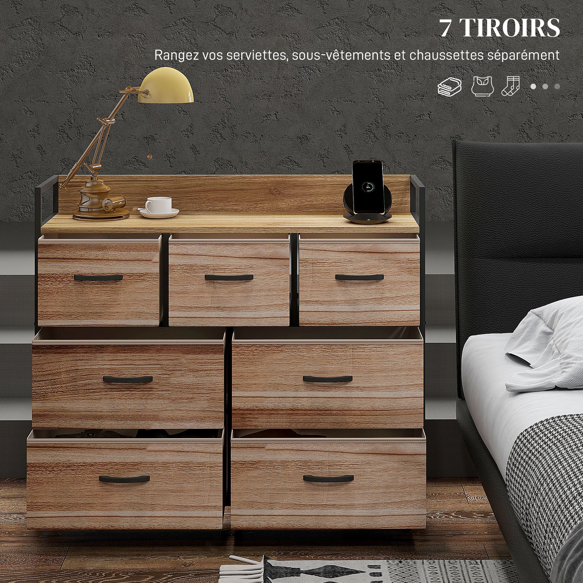 Commode 7 tiroirs meuble de rangement tiroir en tissu pliant - structure acier noir - 98 x 29 x 85 cm, chambre, entrée, salon, noir et naturel - Image 5