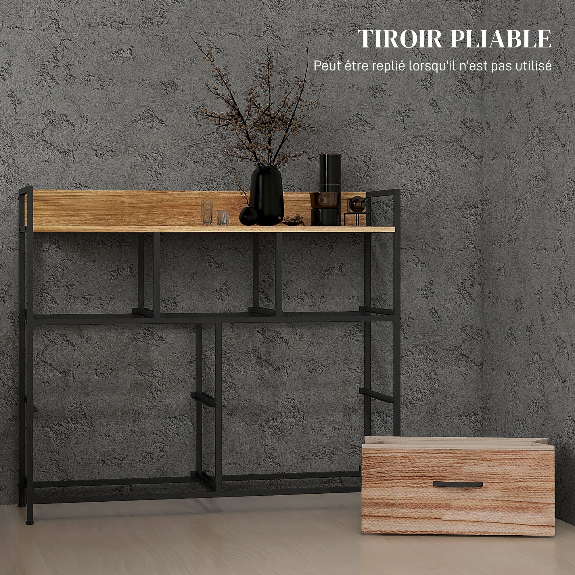 Commode 7 tiroirs meuble de rangement tiroir en tissu pliant - structure acier noir - 98 x 29 x 85 cm, chambre, entrée, salon, noir et naturel - Image 7