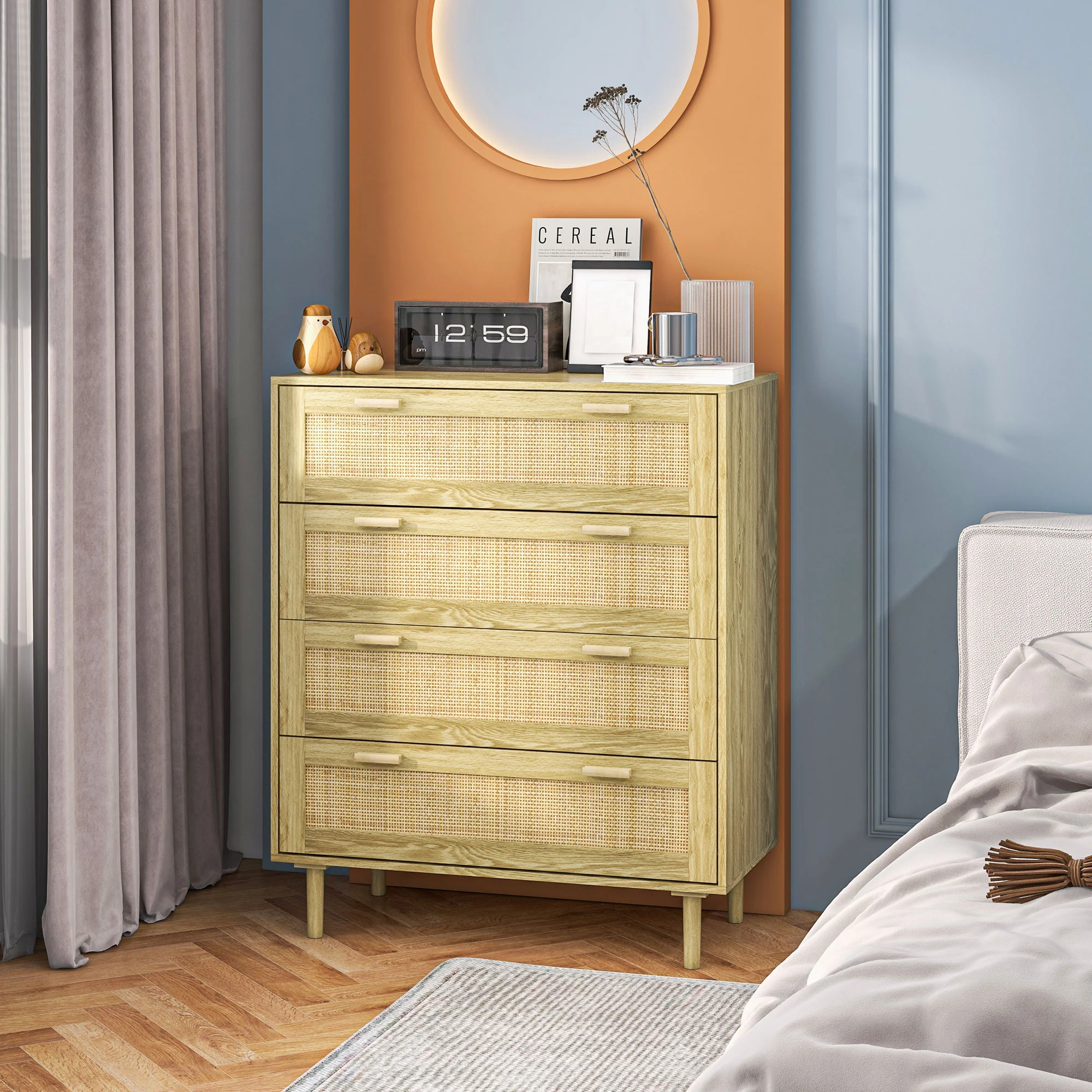 Commode chambre 4 tiroirs meuble de rangement avec fa?ade tissage en rotin style bohème dim. 90l x 45P x 108,5H cm Aspect Bois Clair - Image 3